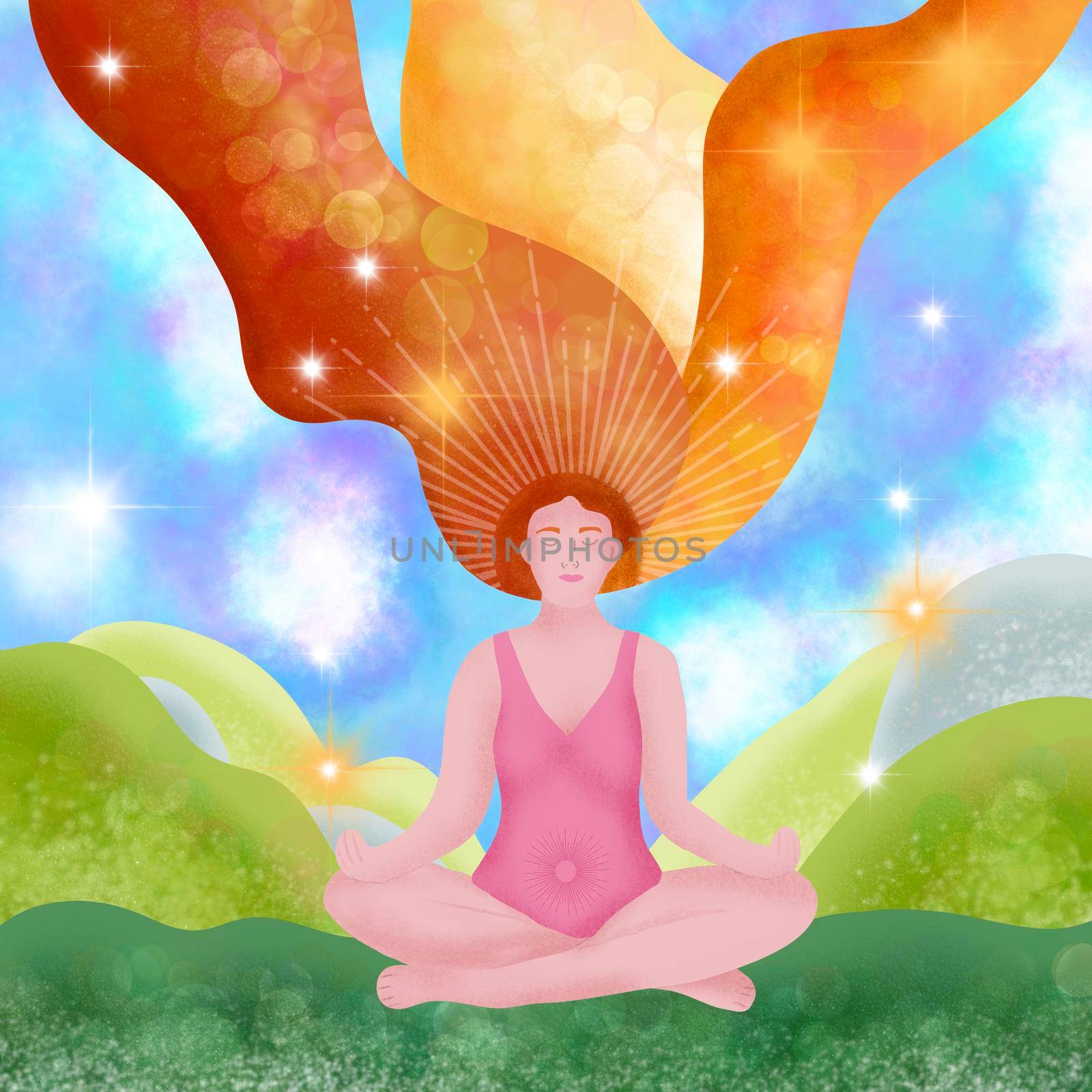 Hand drawn illsutration of a sitting fit woman in yoga lotus pose in nature landscape. Mental balance wellbeing concept, meditation meditating female with sun stars universe elements, fitness relaxation