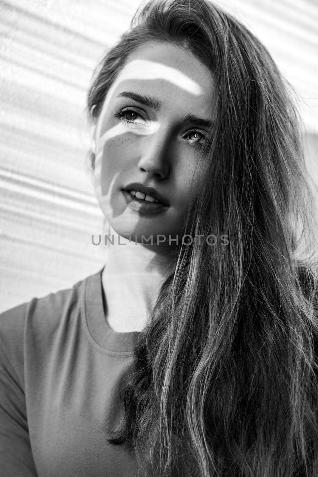 Closeup portrait of attractive woman with natural makeup looking away with romantic and dreamy expression. Black and white photography, indoor studio shot illuminated by sunlight from window.
