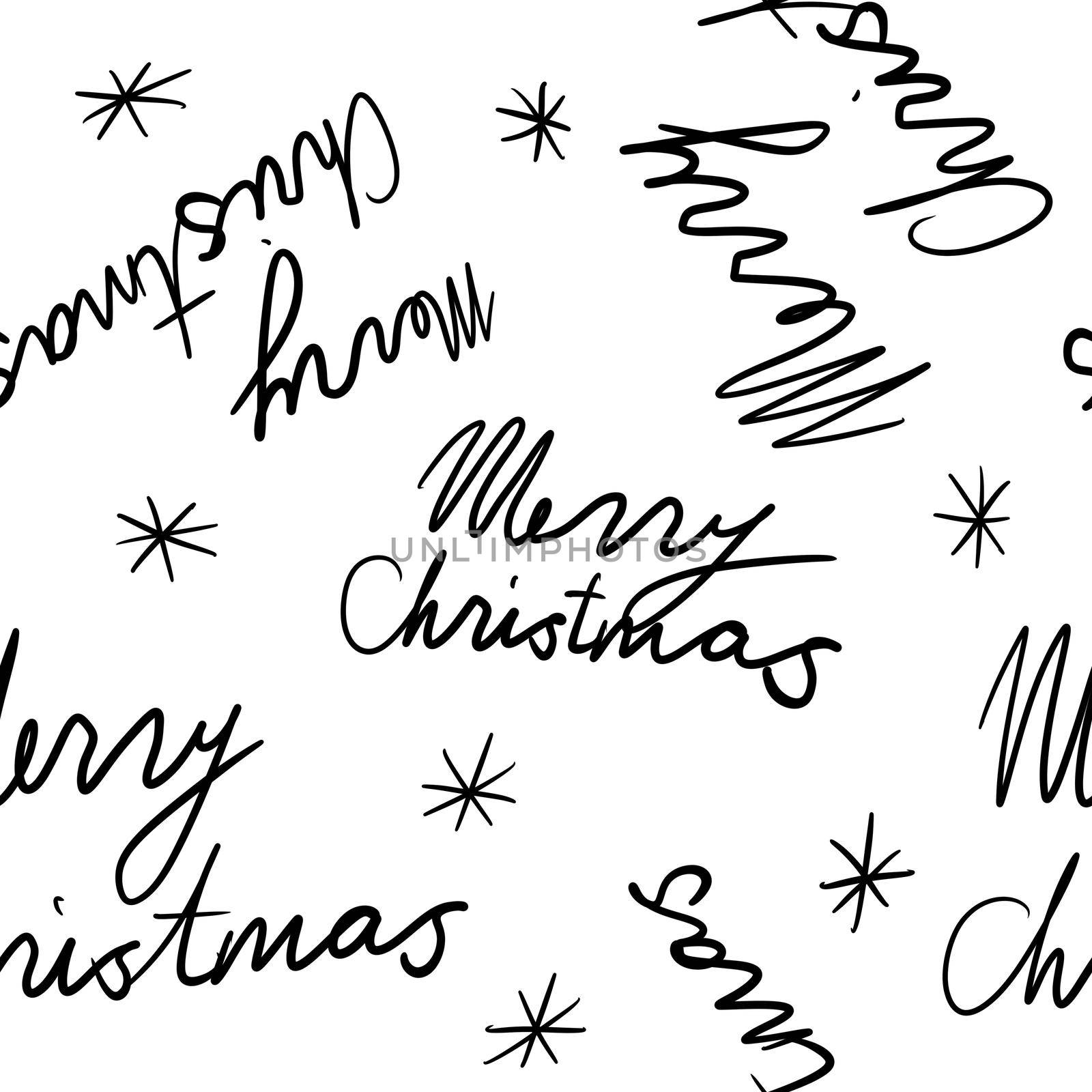 Hand drawn seamless pattern with black white Christmas greetings merry happy holidays. Lettering words in hand written style with snowflakes holly on white background, minimalist cartoon doodle design, new year celebration