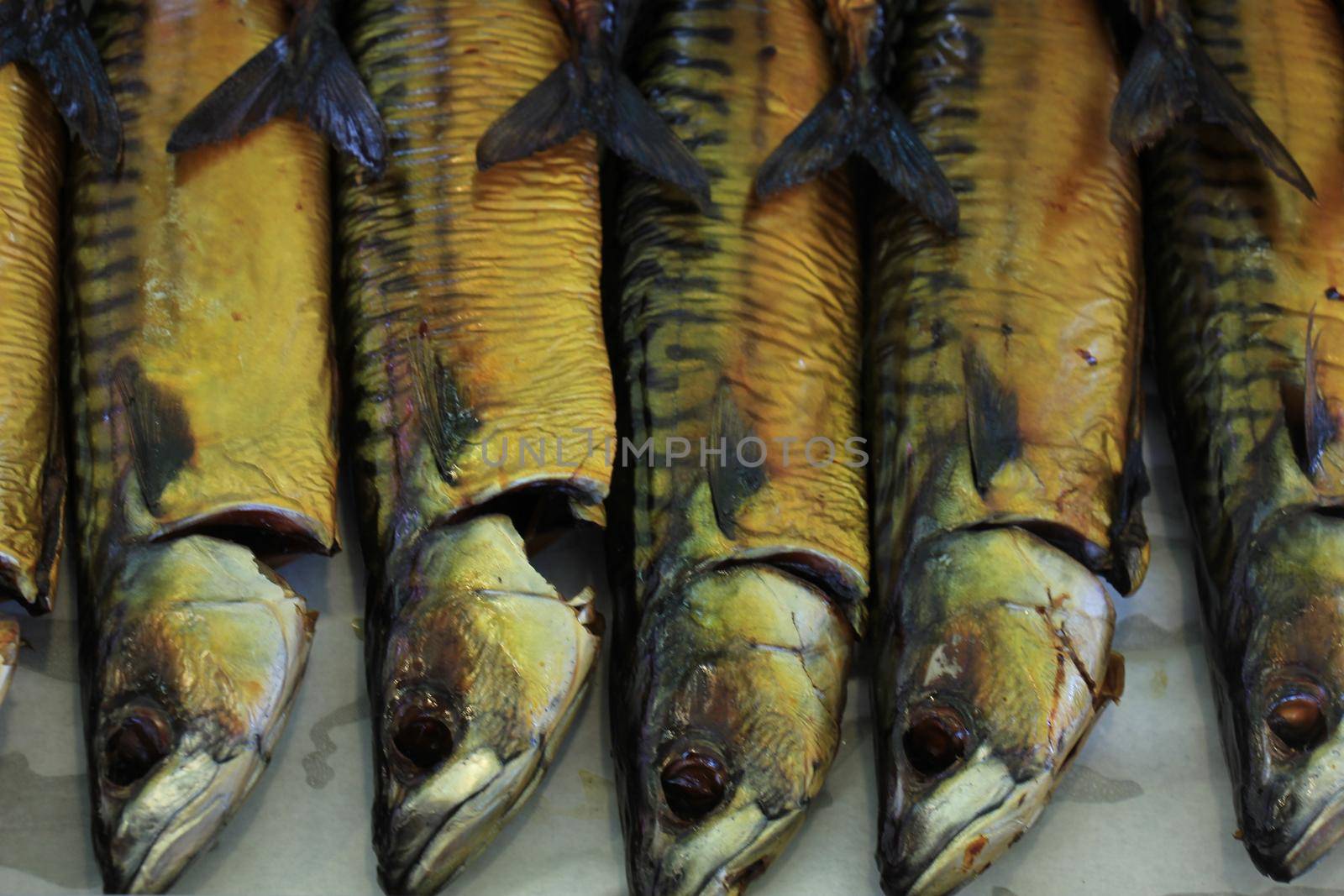 Fresh Smoked mackerel on a market stall by studioportosabbia