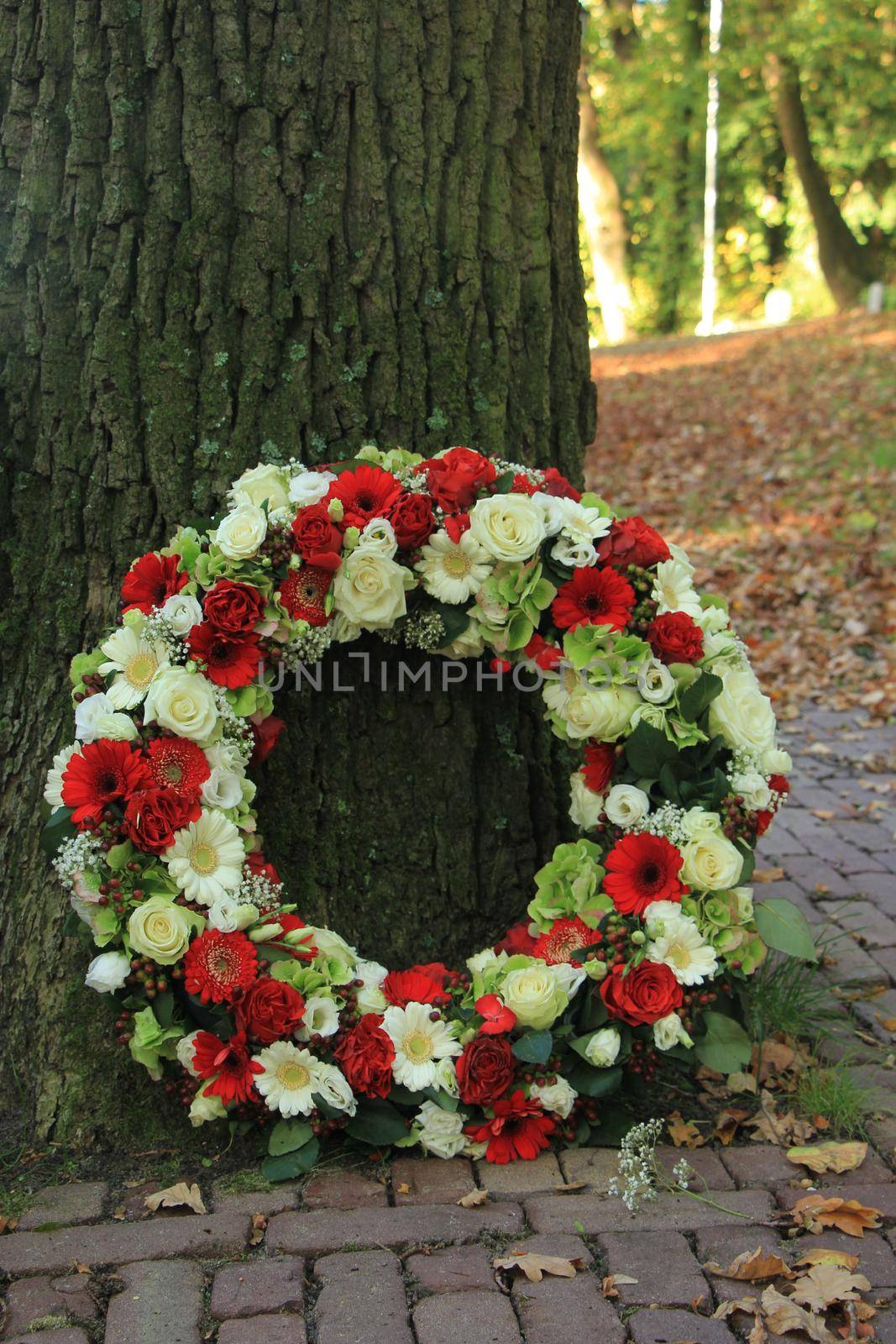 Classic Sympathy wreath near a tree at a cemetery