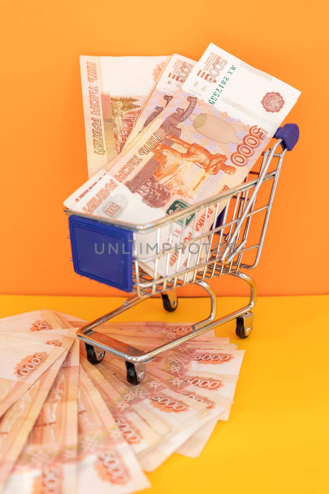 Russian money in Shopping Cart. Banknotes of Russian rubles. Cash, currrency, banknotes bank Russia.