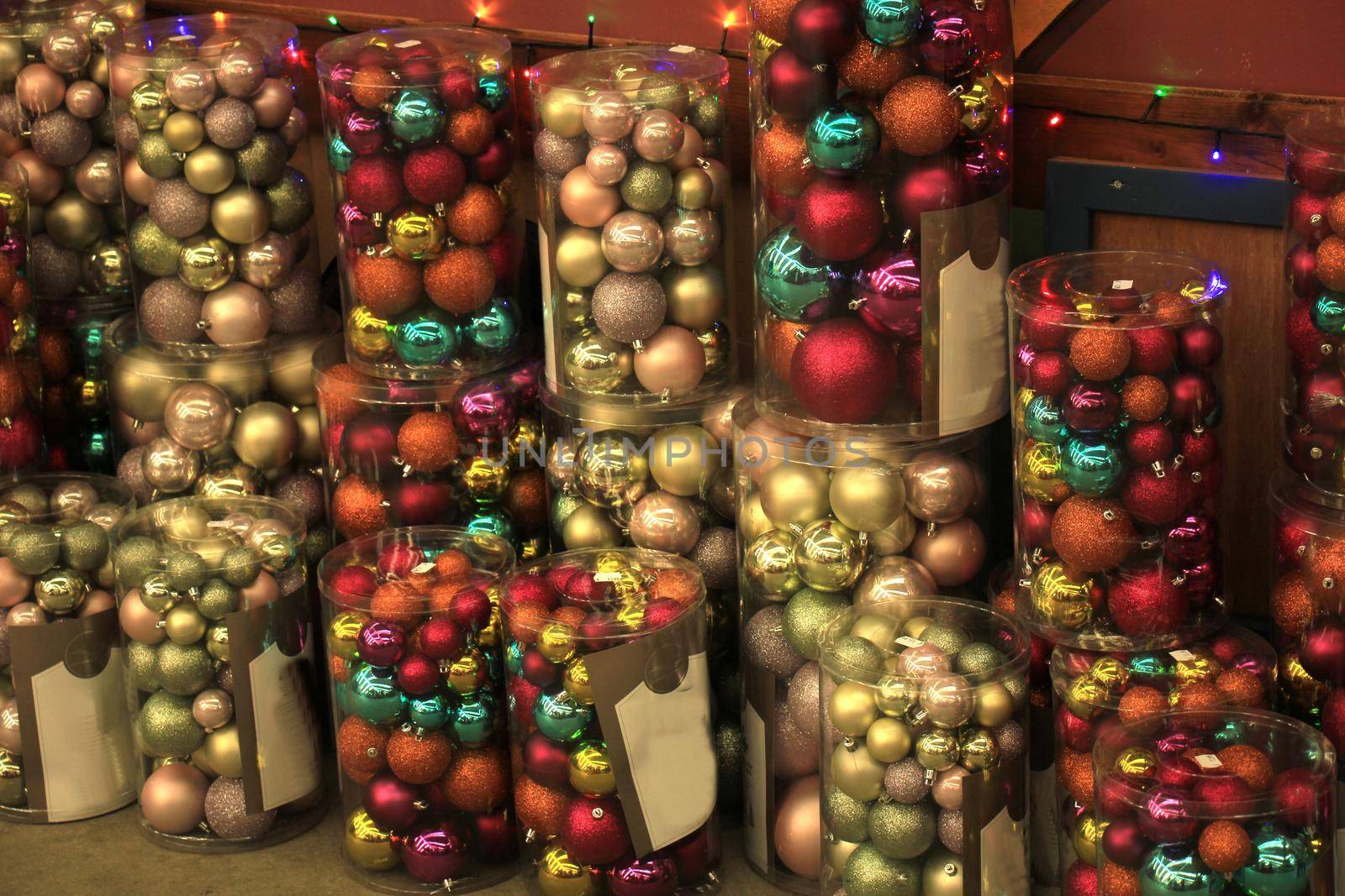 Christmas decorations on display in a christmas retail shop