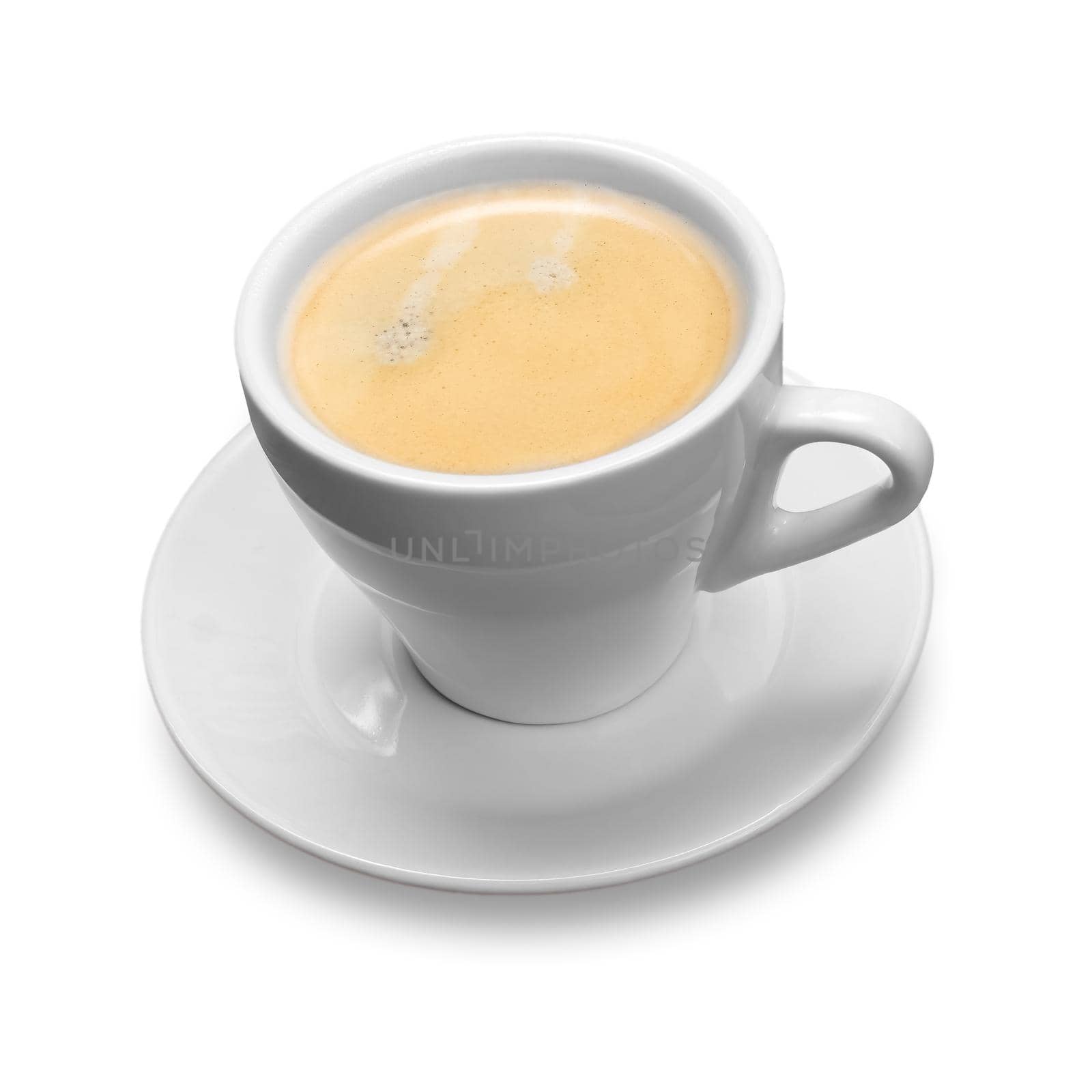 Cup of black coffee on saucer on the white isolated background. Top view.