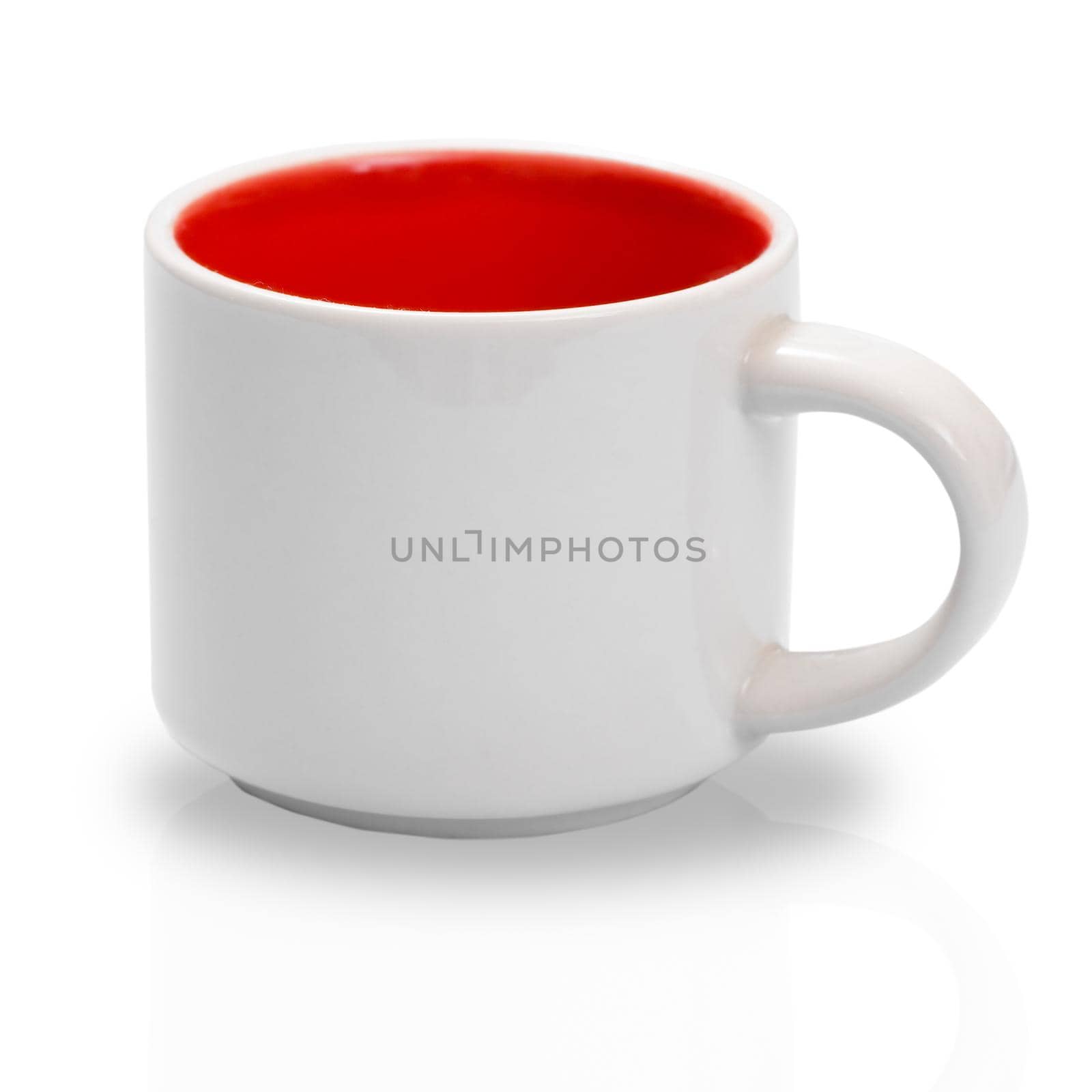 Empty white and red porcelain coffee cup with shadow on the white isolated background.