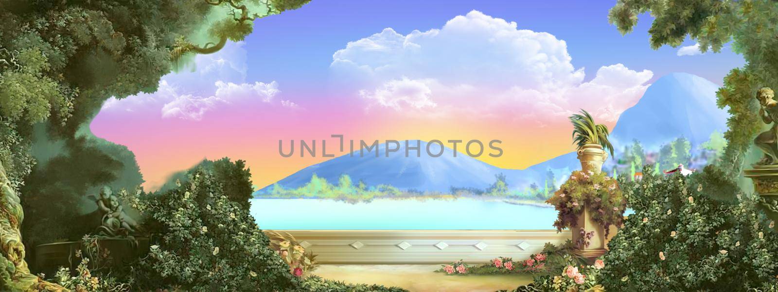 Sea view from the old park on a sunny day. Digital Painting Background, Illustration.