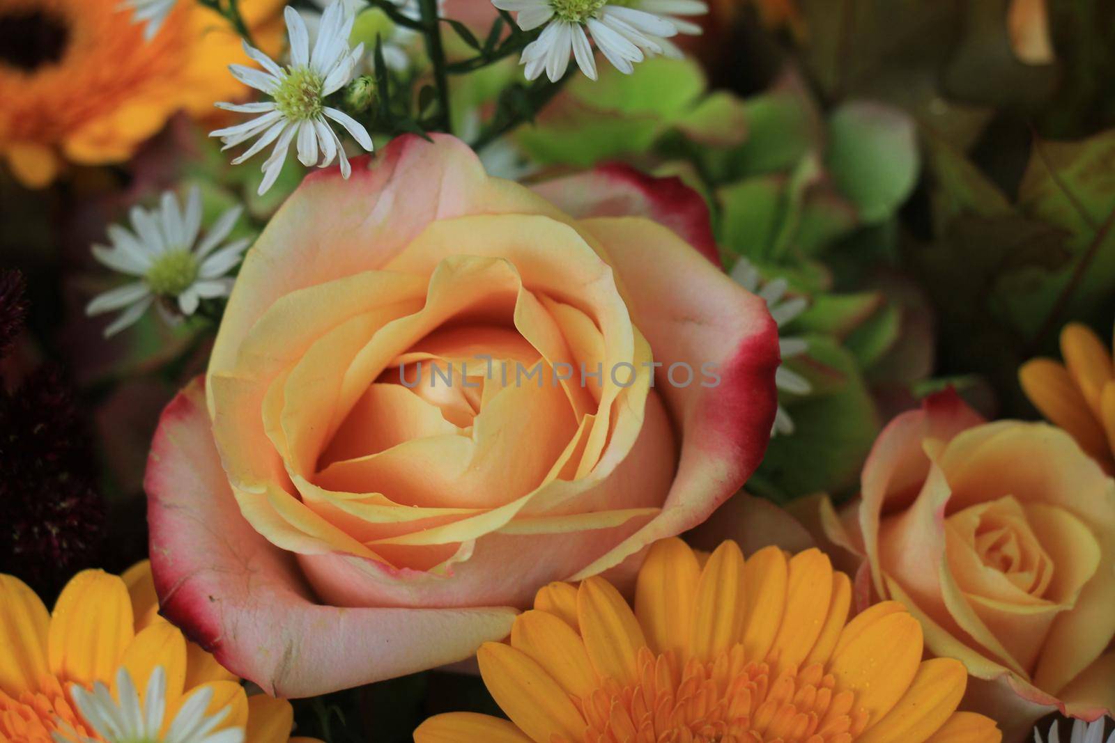 Yellow and white wedding flowers: yellow gerber and roses and white aster