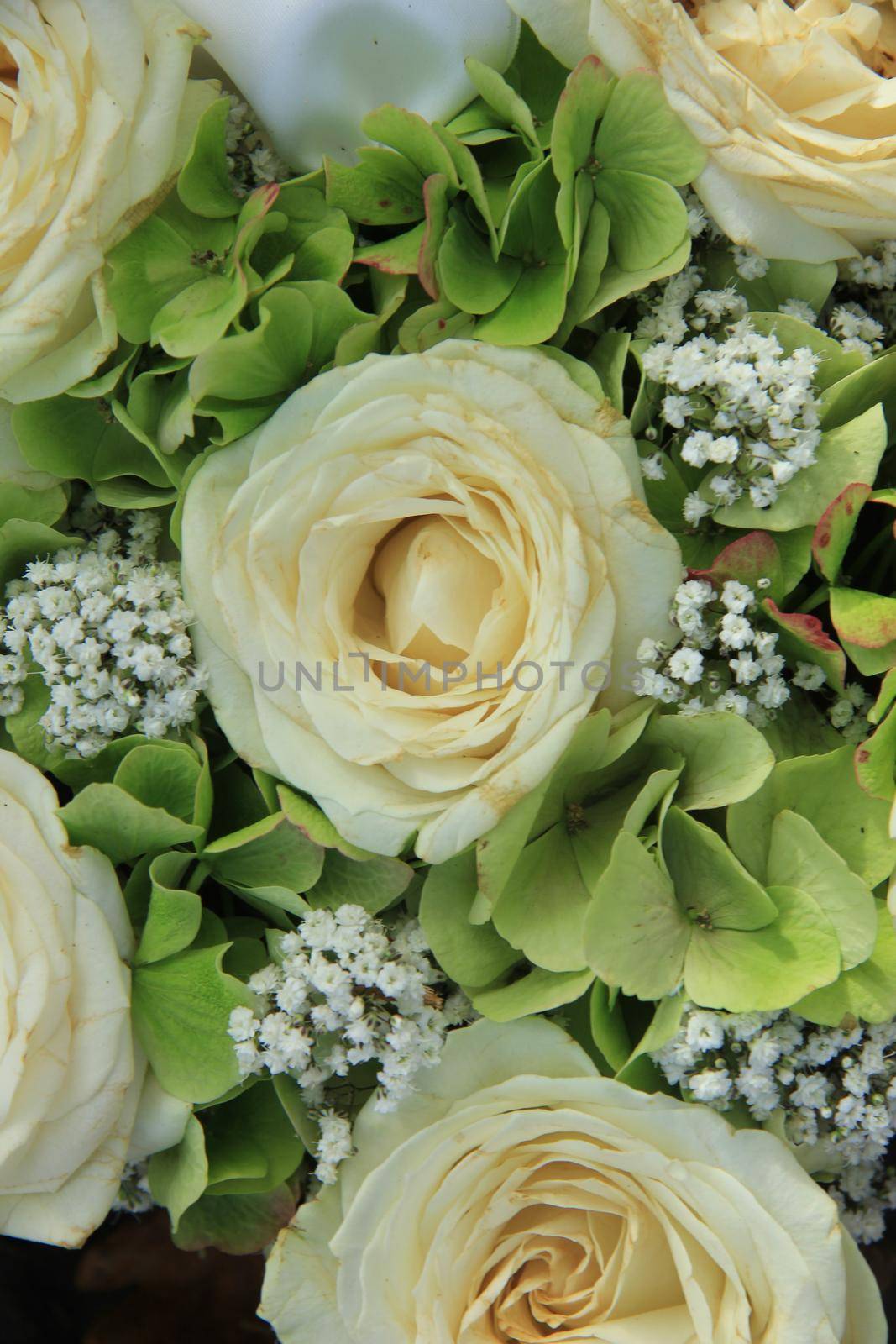 Hydrangea and roses in a white bridal bouquet