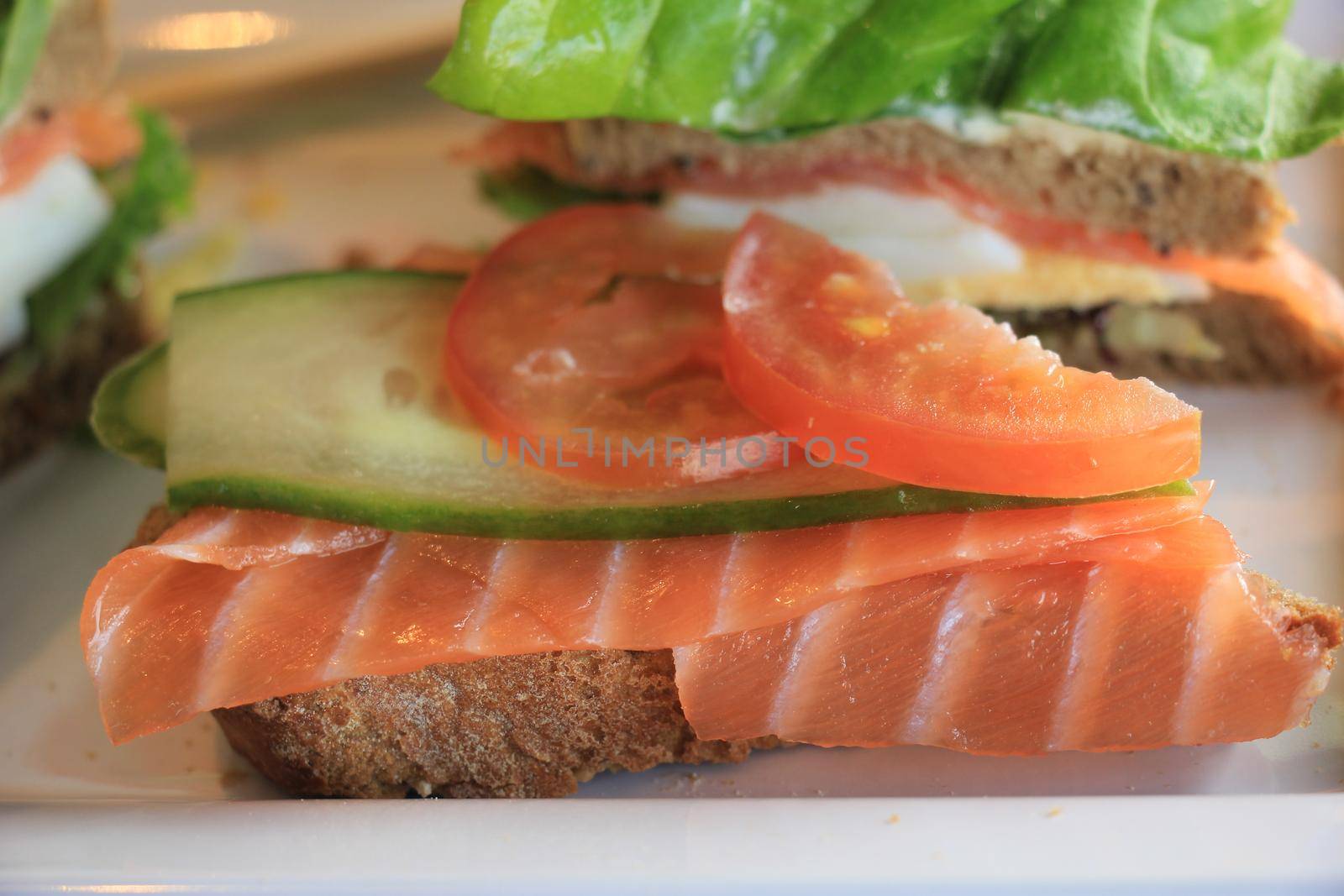 A fresh salmon sandwich: smoked salmon, lettuce, fresh dill and egg by studioportosabbia