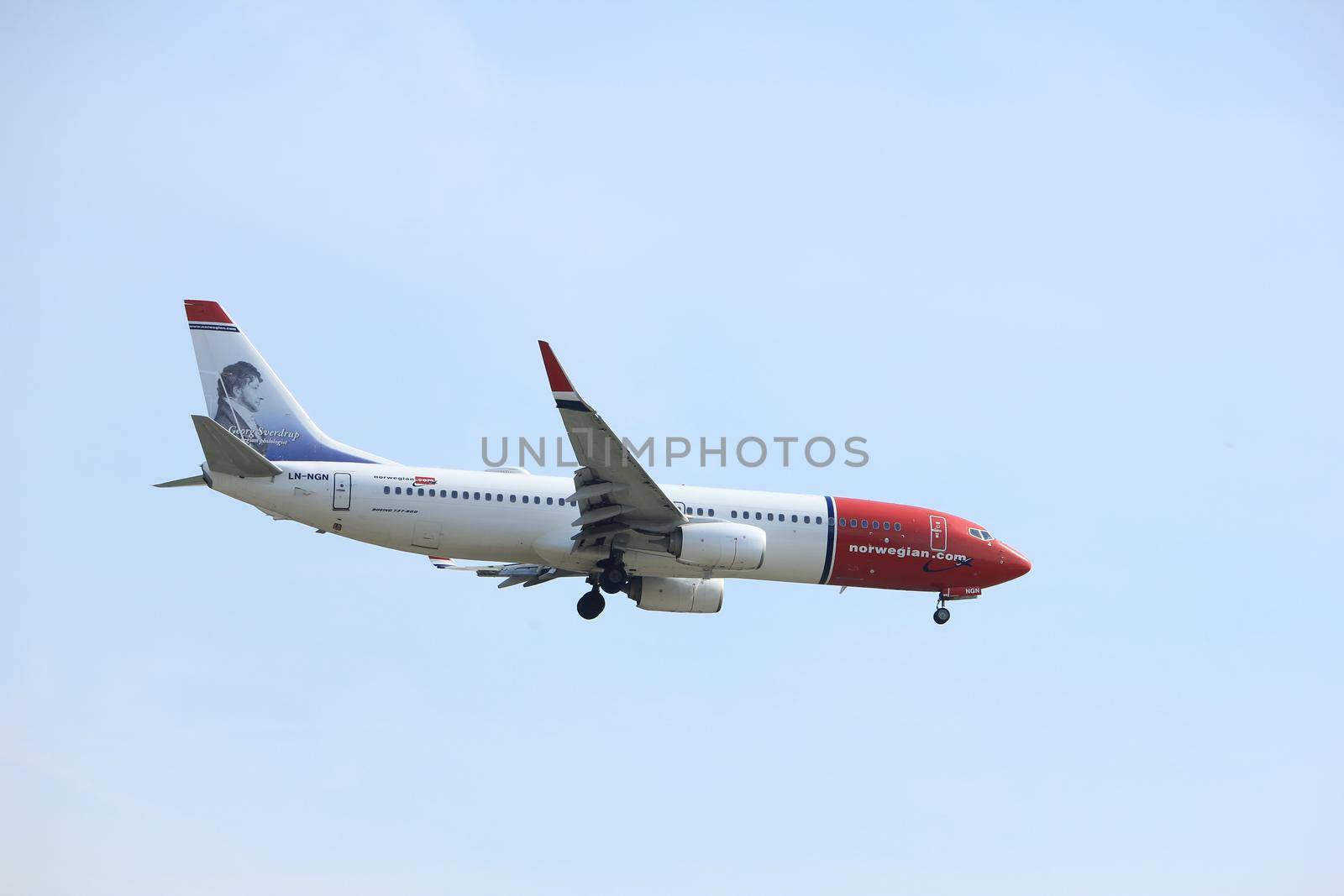 Amsterdam, the Netherlands - March 31st, 2017: LN-NGN Norwegian Air Shuttle Boeing 737 approaching Polderbaan runway at Schiphol Amsterdam Airport, the Netherlands