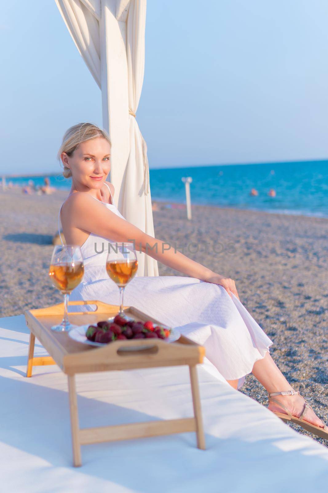 Girl restaurant rest tray sea wine two copyspace rose day, from drink alcohol from ocean and lifestyle tropical, celebration outdoors. View sunset table, by 89167702191