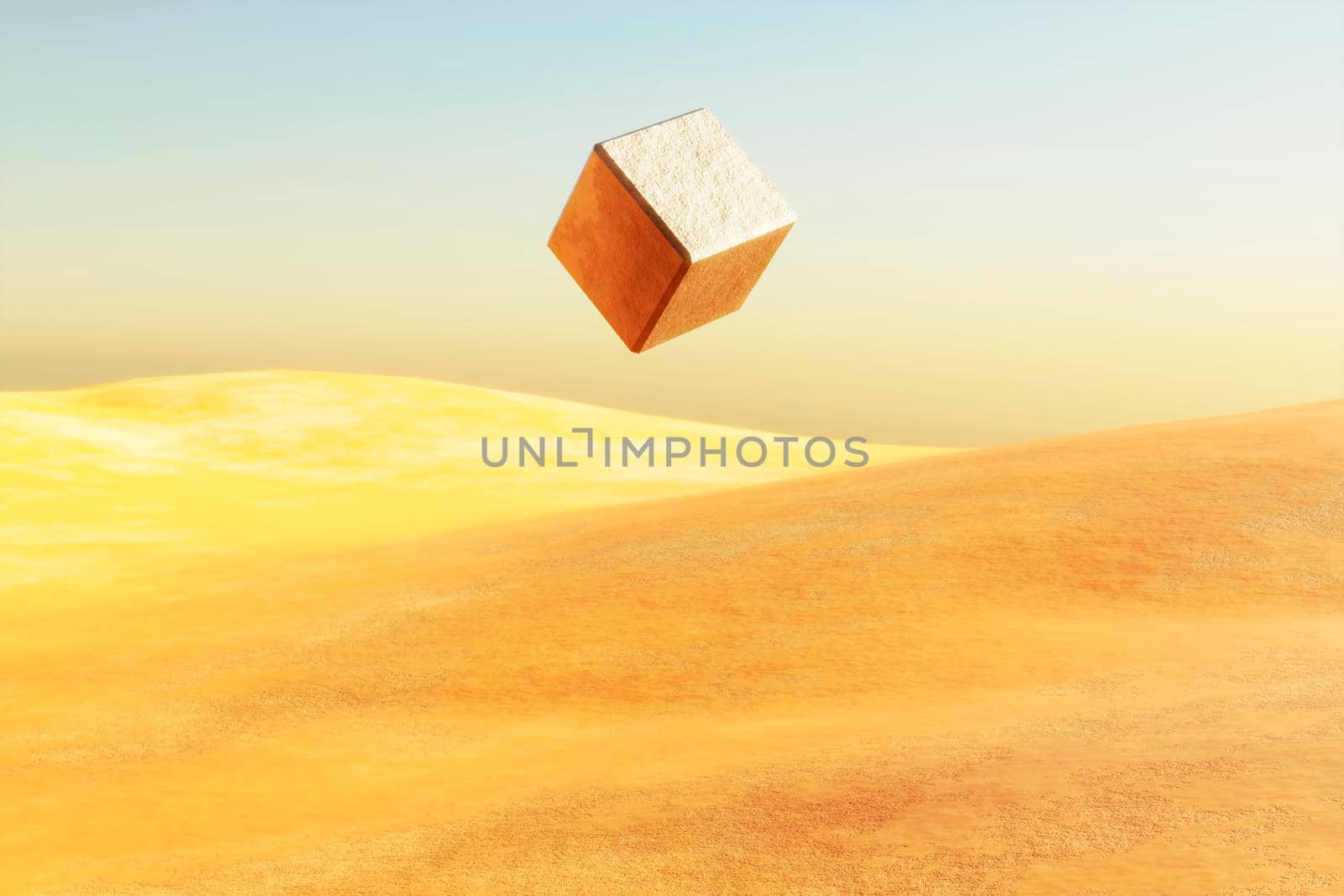 Surreal desert landscape with white bright cube floating over desert. Modern minimal abstract background. 3d illustration