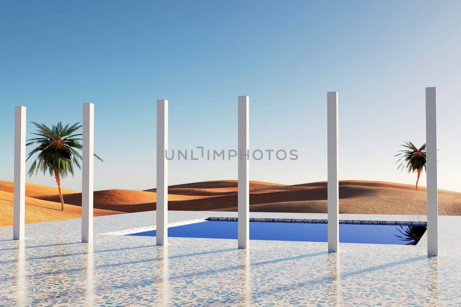 Panorama of the desert with palm trees and swimming pool, 3d rendering by raferto1973