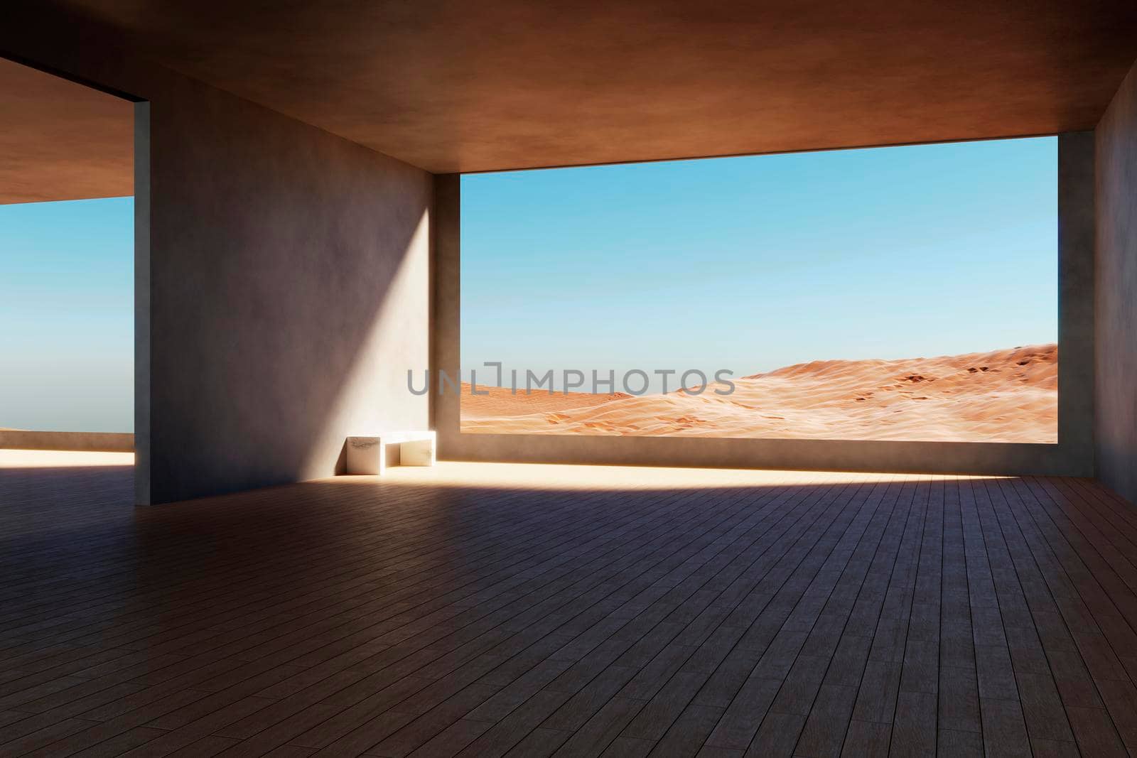 room without furniture and with big window to beautiful view to desert and sands. 3d illustration