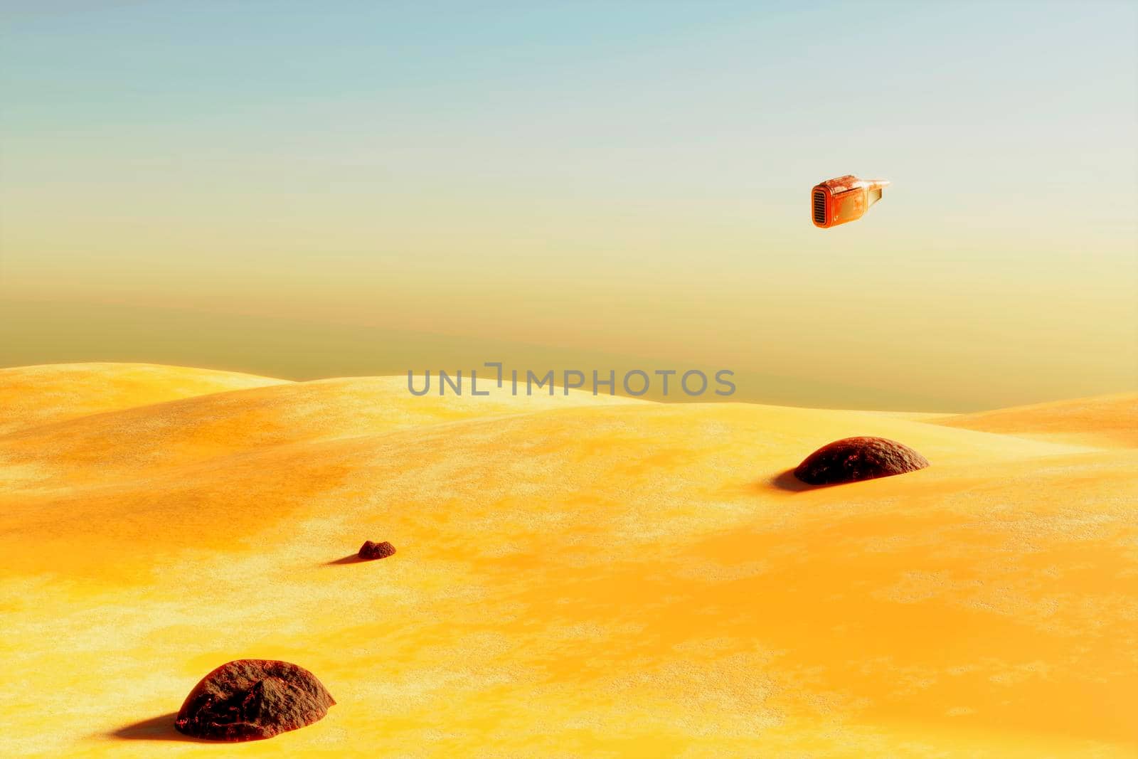 Surreal desert landscape with spaceship flying over land. 3d render by raferto1973
