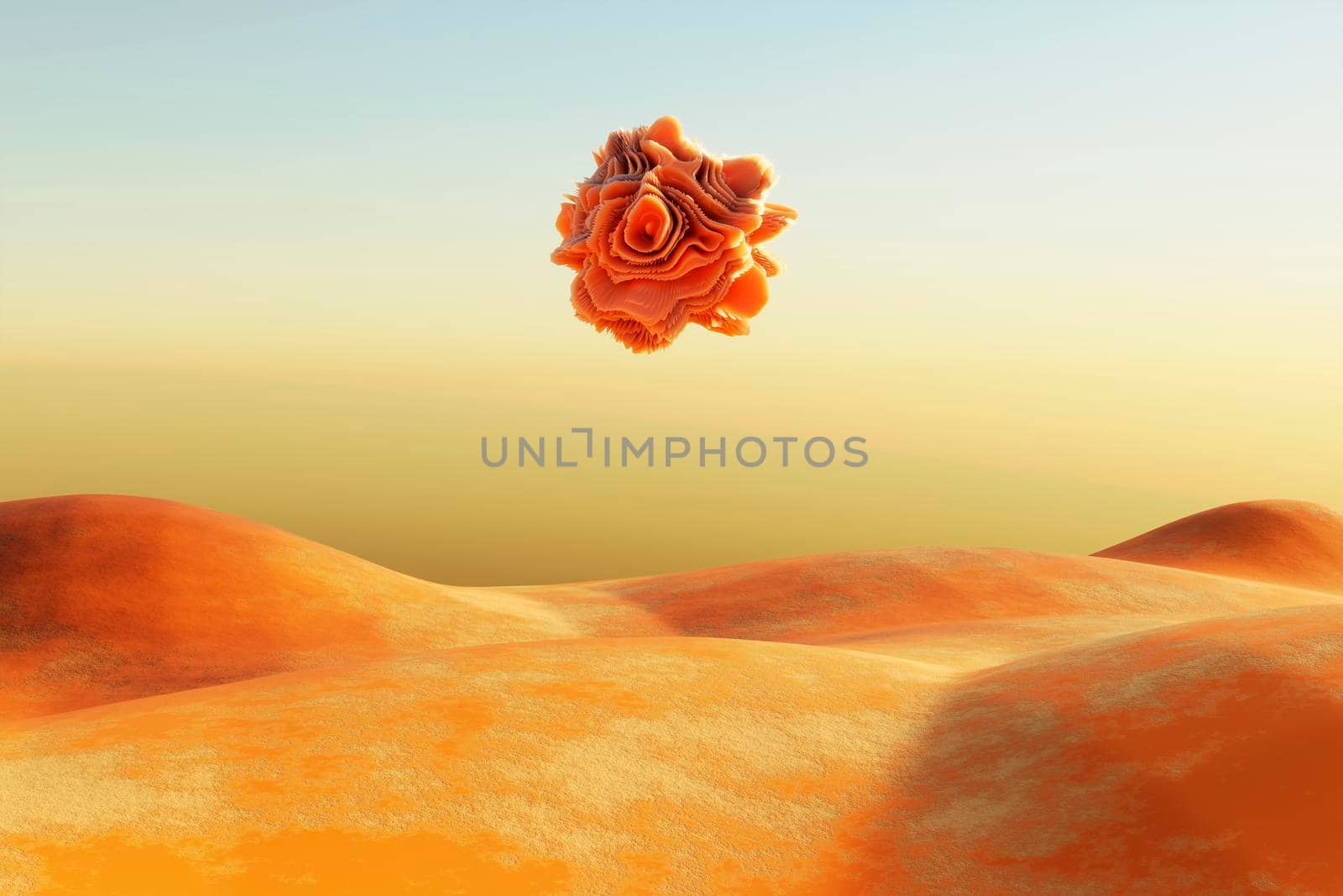Surreal desert landscape with white bright form floating over desert. 3d render by raferto1973