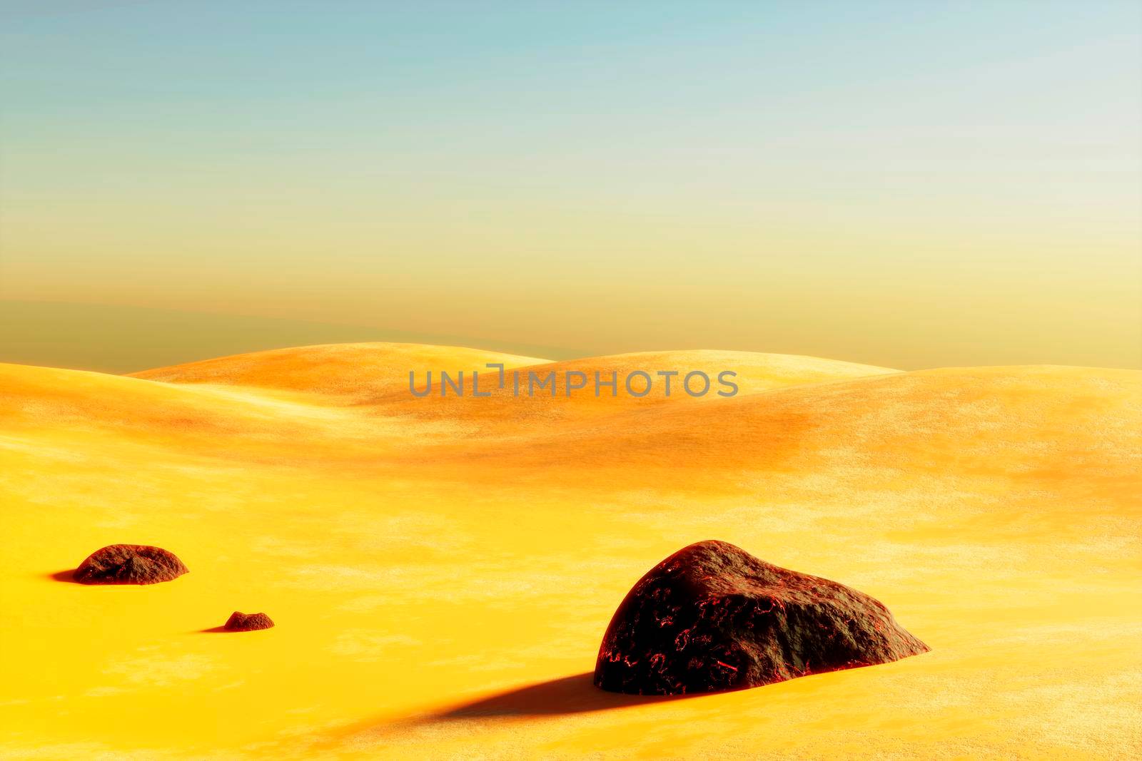 Lava rocks on surreal desert landscape . 3d render by raferto1973