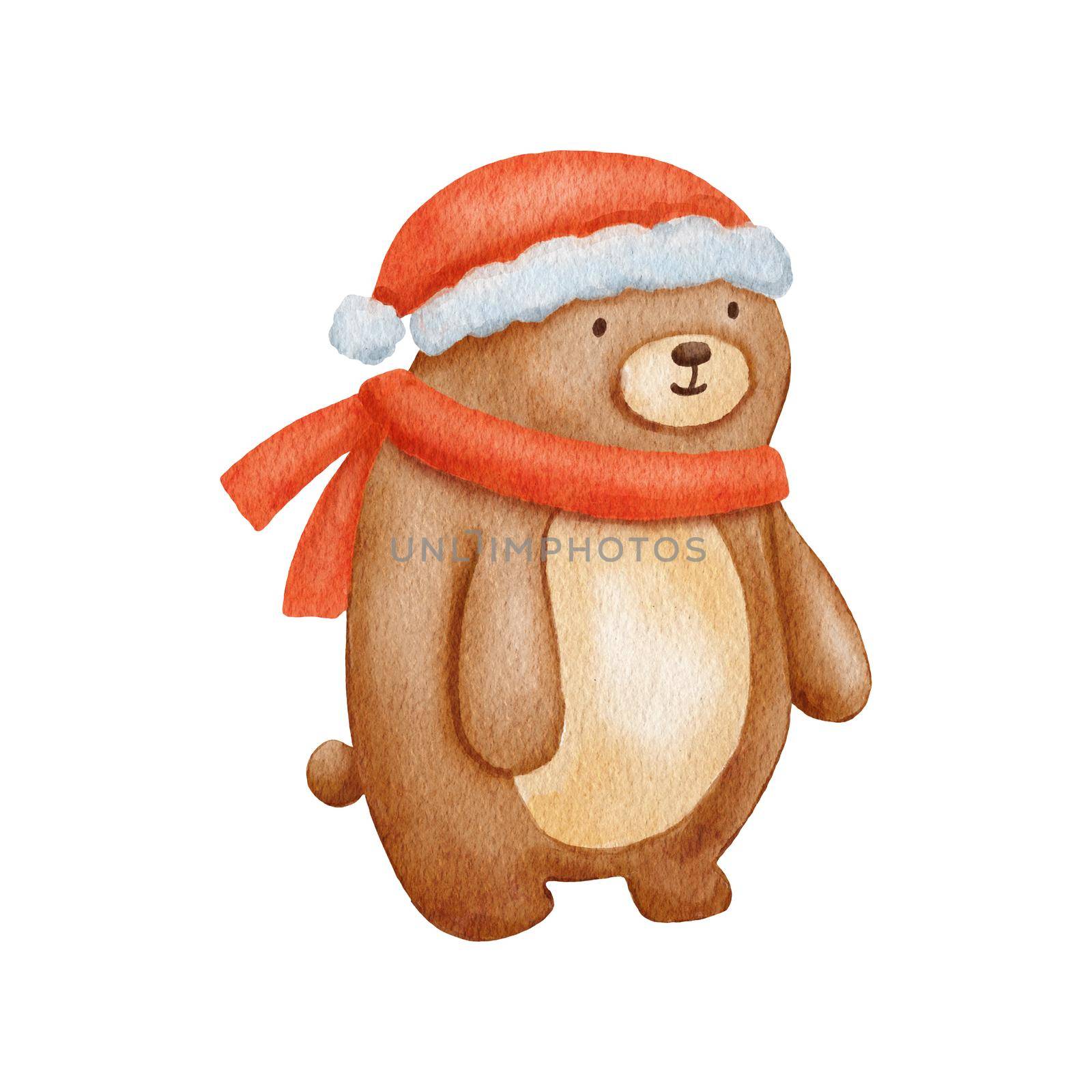 Watercolor Baby Bear character with winter scarf and hat. Hand drawn cute woodland animal. Cartoon illustration isolated on white.