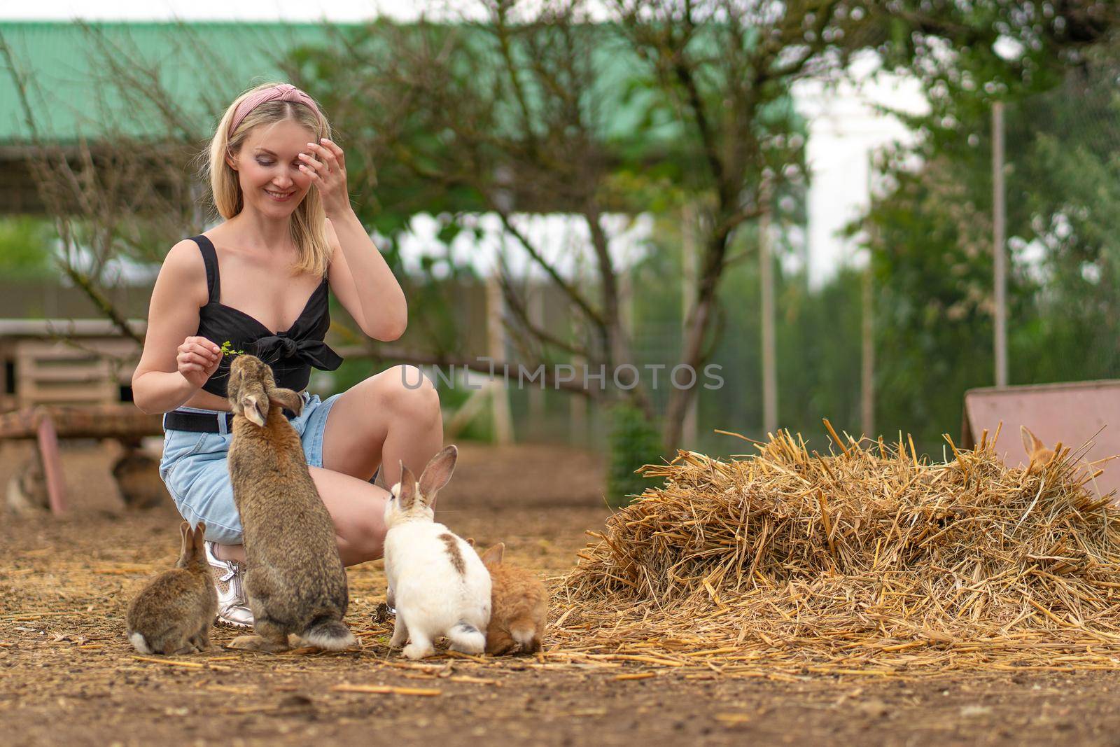 Girl parsley easter feeds rabbit brown bunny white background healthy, from hare rodent in natural and mammal sweet, wild animal. Closeup isolated,