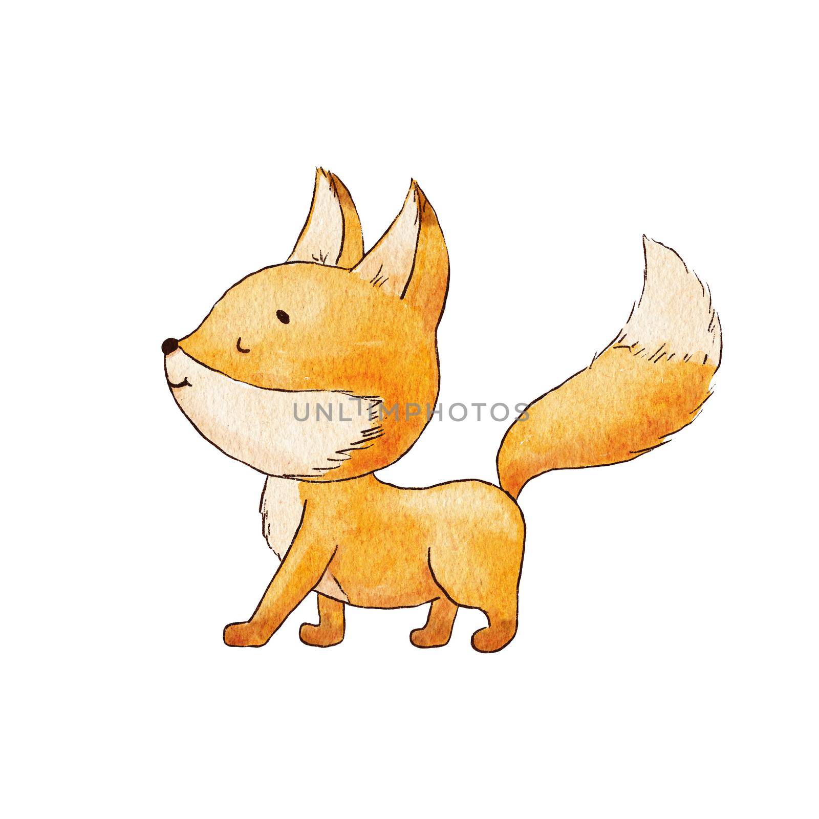 Cute baby fox going. Watercolor childish illustration isolated on white. Woodland little animal