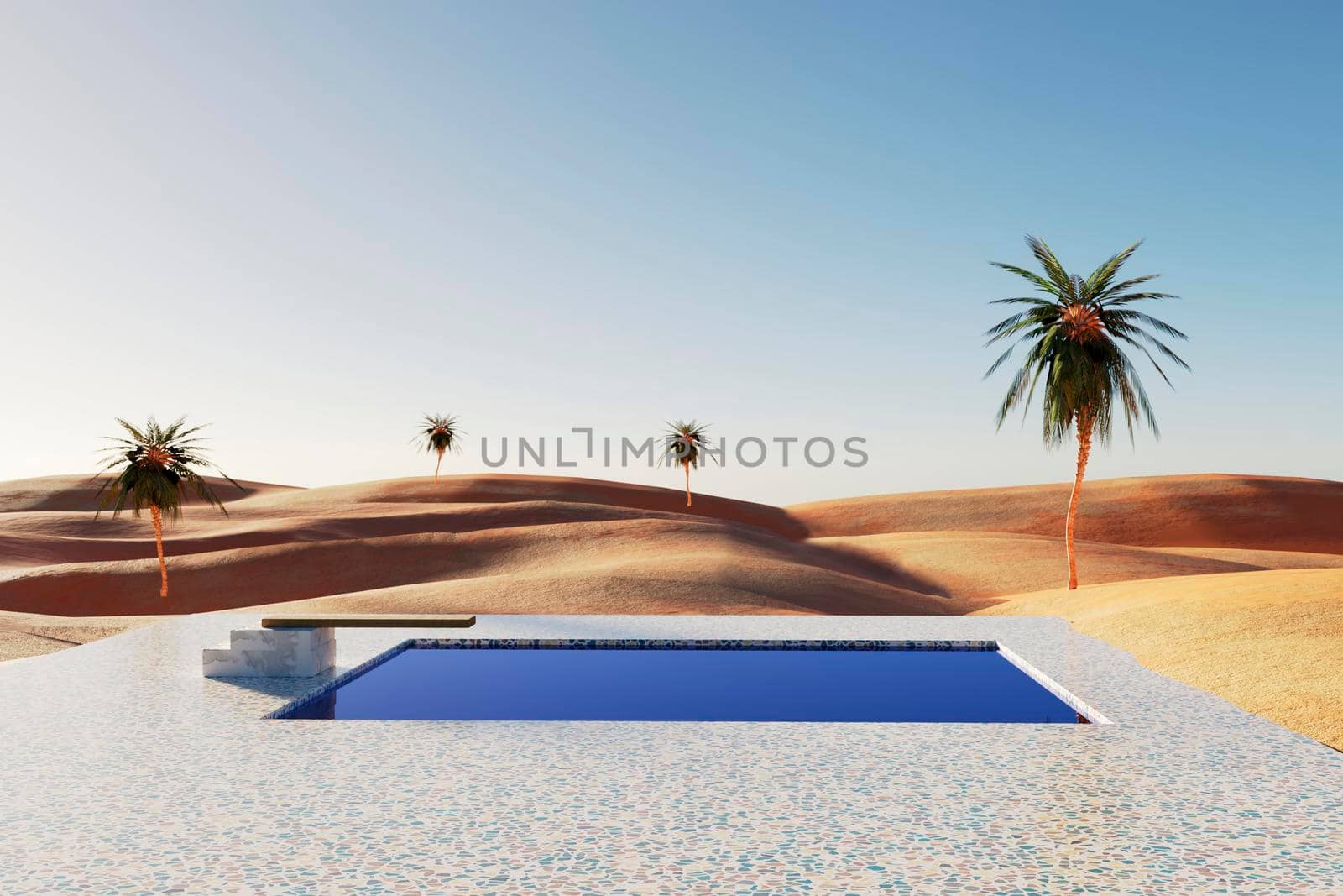 Oasis at sunset in a sandy desert, a panorama of the desert with palm trees and swimming pool, 3d illustration