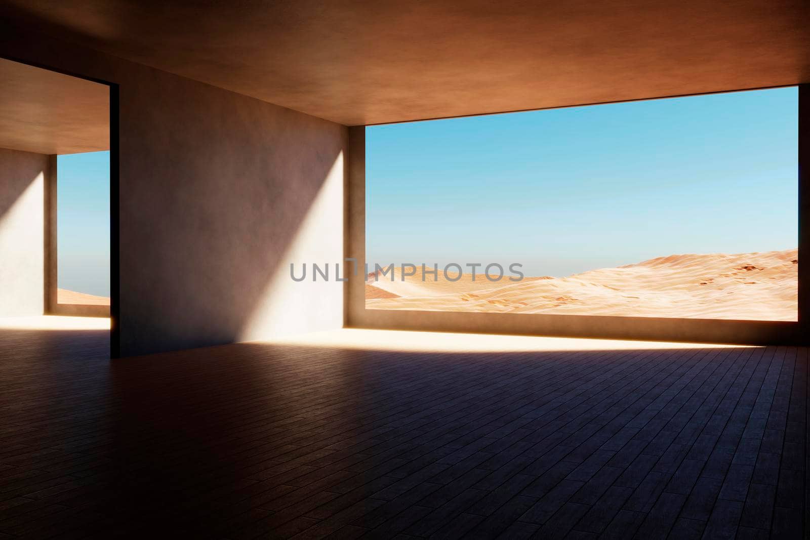 room without furniture and with big window to beautiful view to desert and sands. 3d illustration