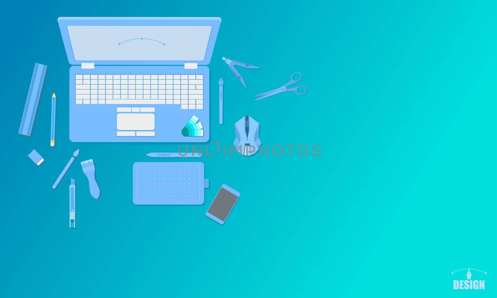 creative art design studio top view concept blue tone