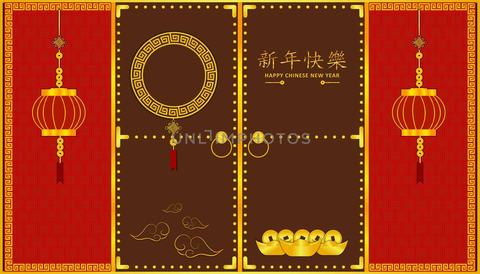 happy chinese new year. "Xin Nian Kual Le" is character for congratulatory CNY festival. knock the door to open affluent time with cloud lantern gold coin and money. pattern background design card poster. asian holiday.