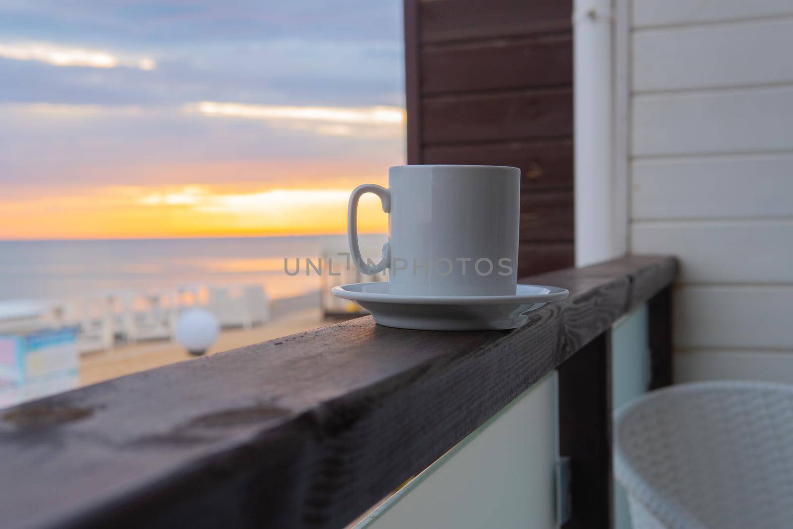 Sea beach coffee cup background travel mug ocean white blue, concept summer art in cafe from abstract holiday, sun ceramic. Color pool sunglasses,
