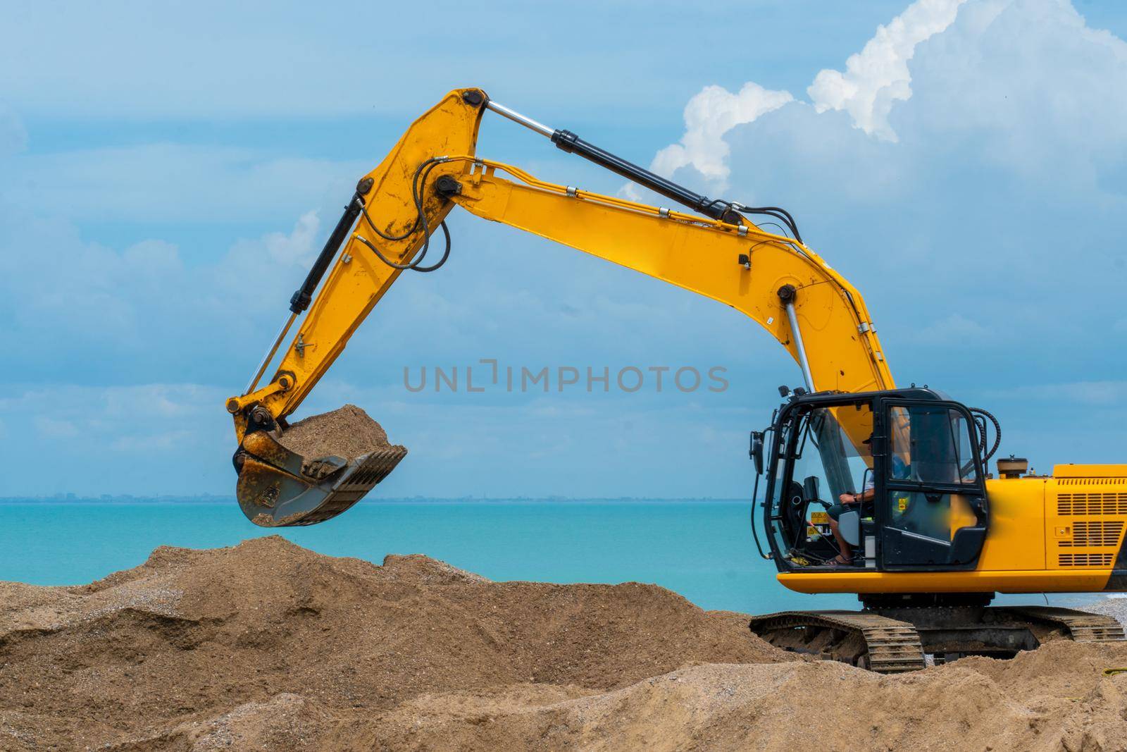 Oil industry heavy machine sea excavator construction sand silhouette business, from mining bucket for excavation and power earth, yellow excavate. Excavating working stone, stone by 89167702191
