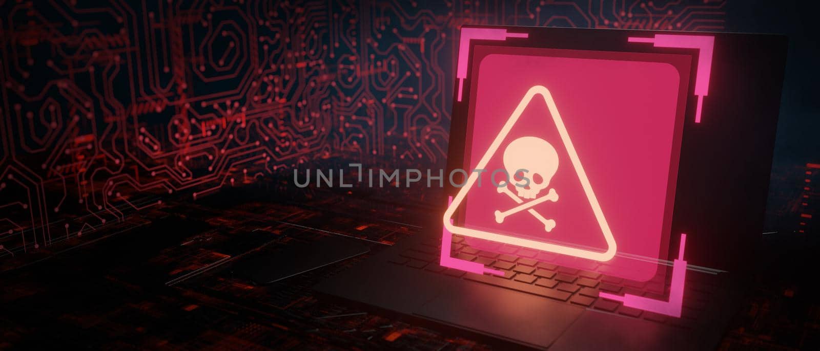 Computer System Error, Virus, Cyber attack, Malware Hack Concept Danger Skull Symbol. 3d Rendering.