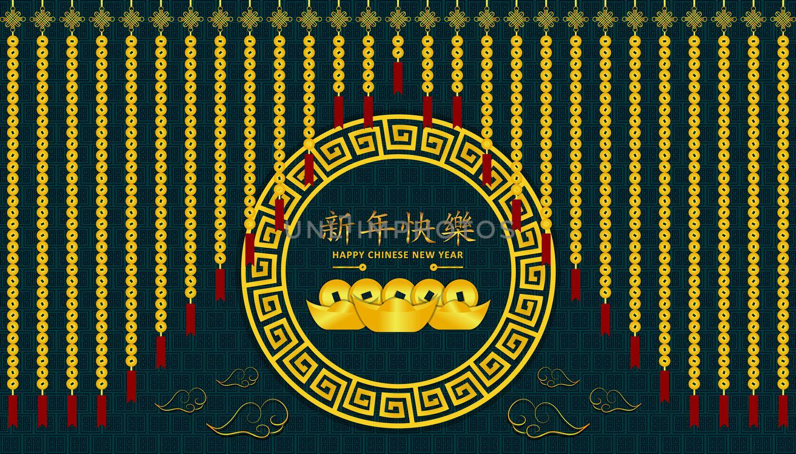 Happy Chinese New Year.  curtain gold money around center circle with "Xin Nian Kual Le" is character for congratulatory CNY festival. inside. pattern background. asian holiday.