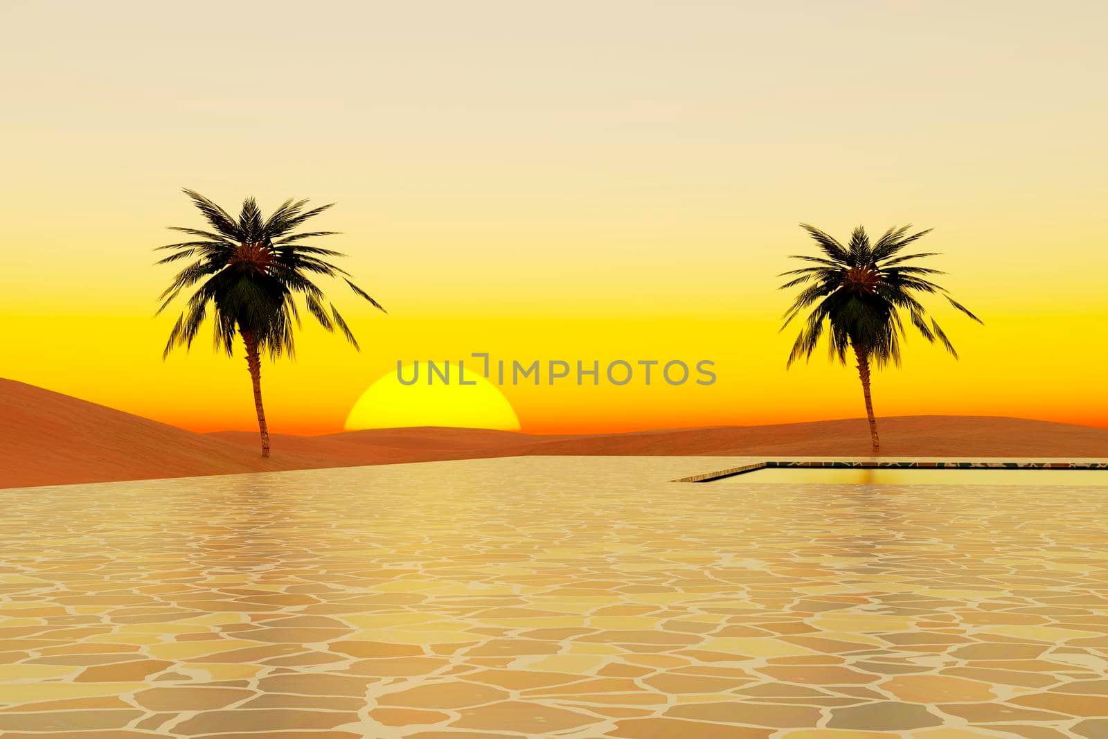 Oasis at sunset in a sandy desert, a panorama of the desert with palm trees and swimming pool, 3d illustration