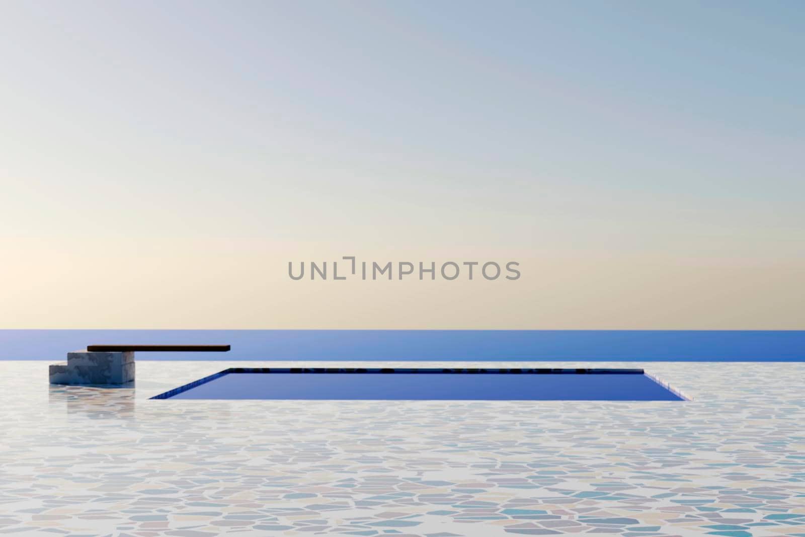 Private swimming pool with near beach and panoramic sea view at luxury house. 3d rendering by raferto1973