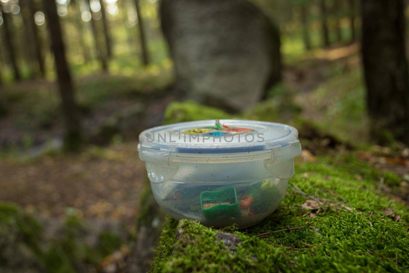 plastic box used as geocaching container in the woods