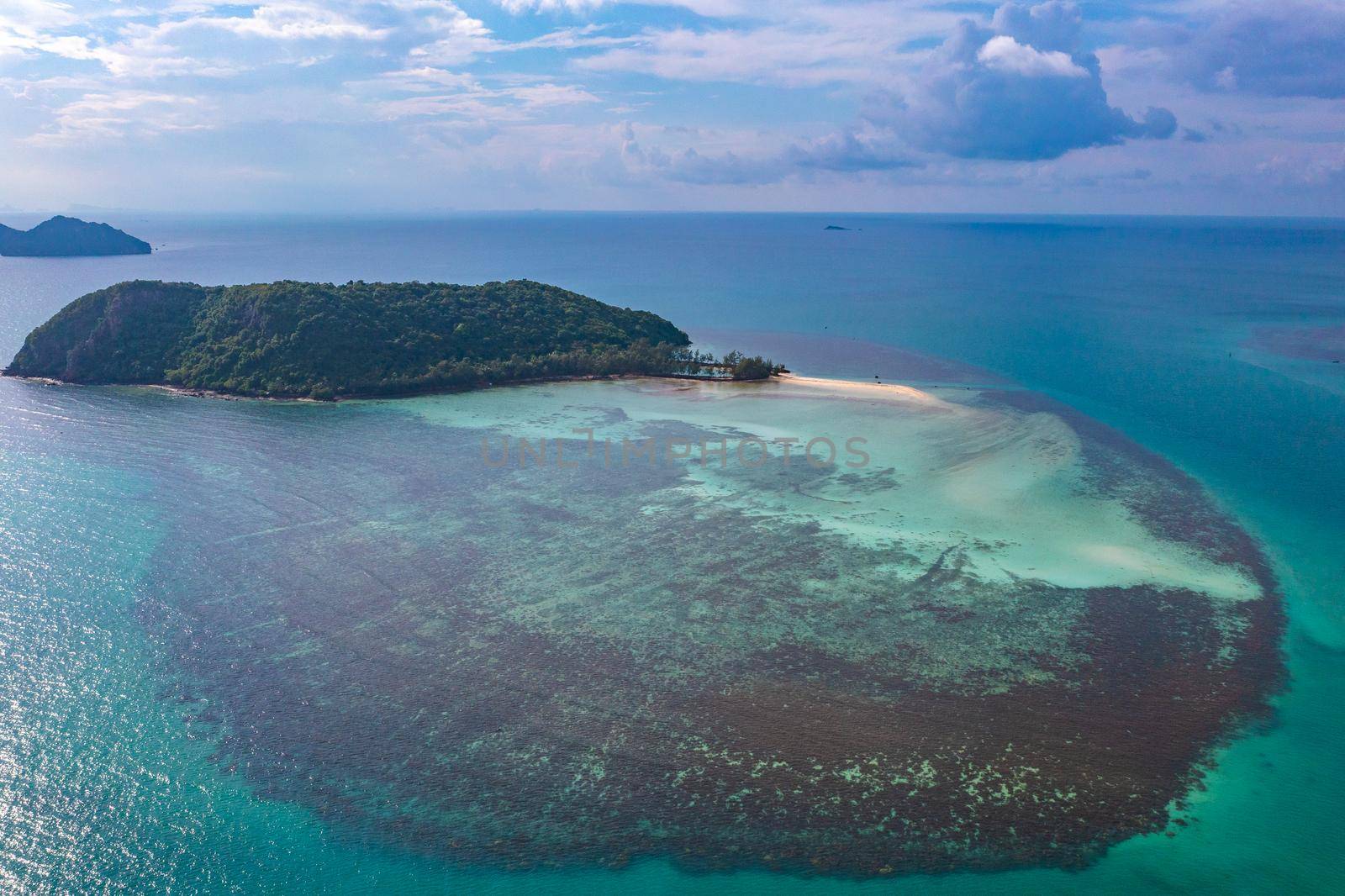 Aerial view of Thong Sala pier, boat and koh Tae Nai in koh Phangan, Thailand, south east asia