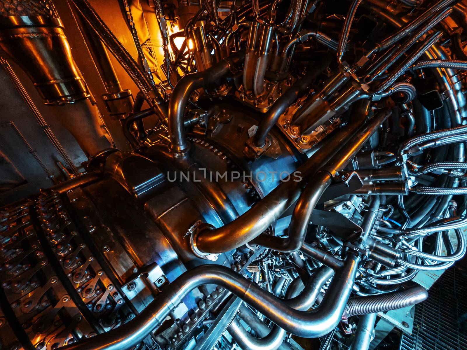 Gas Turbine with steel elements and hoses with blue-orange lighting