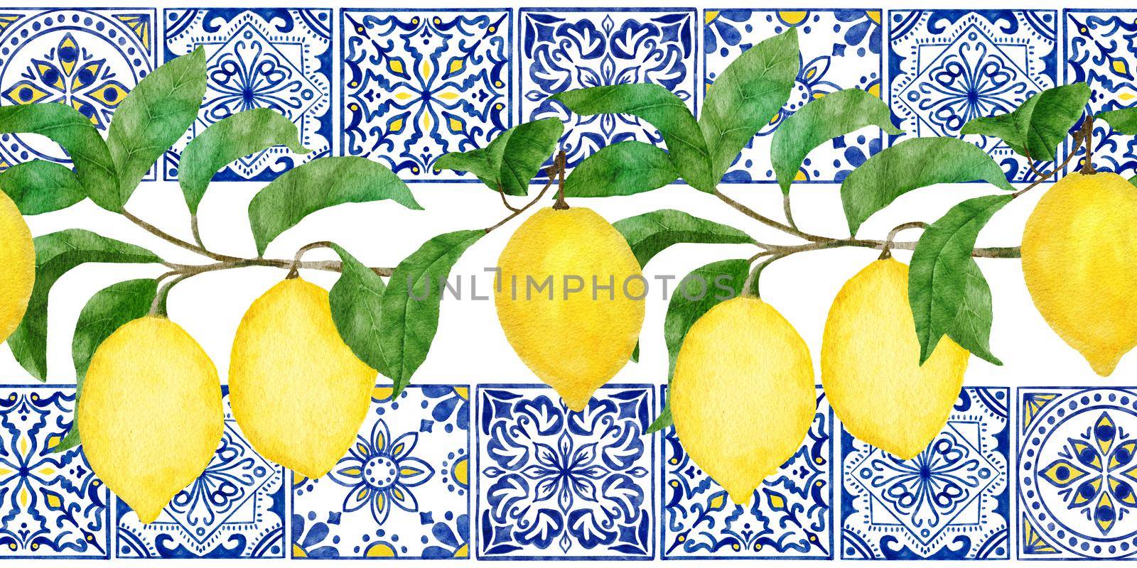 Hand drawn watercolor seamless border with yellow citrus lemons, blue white portugese azulejo tiles. Bright summer holiday vintage frame, tasty fruit healthy juicy ripe