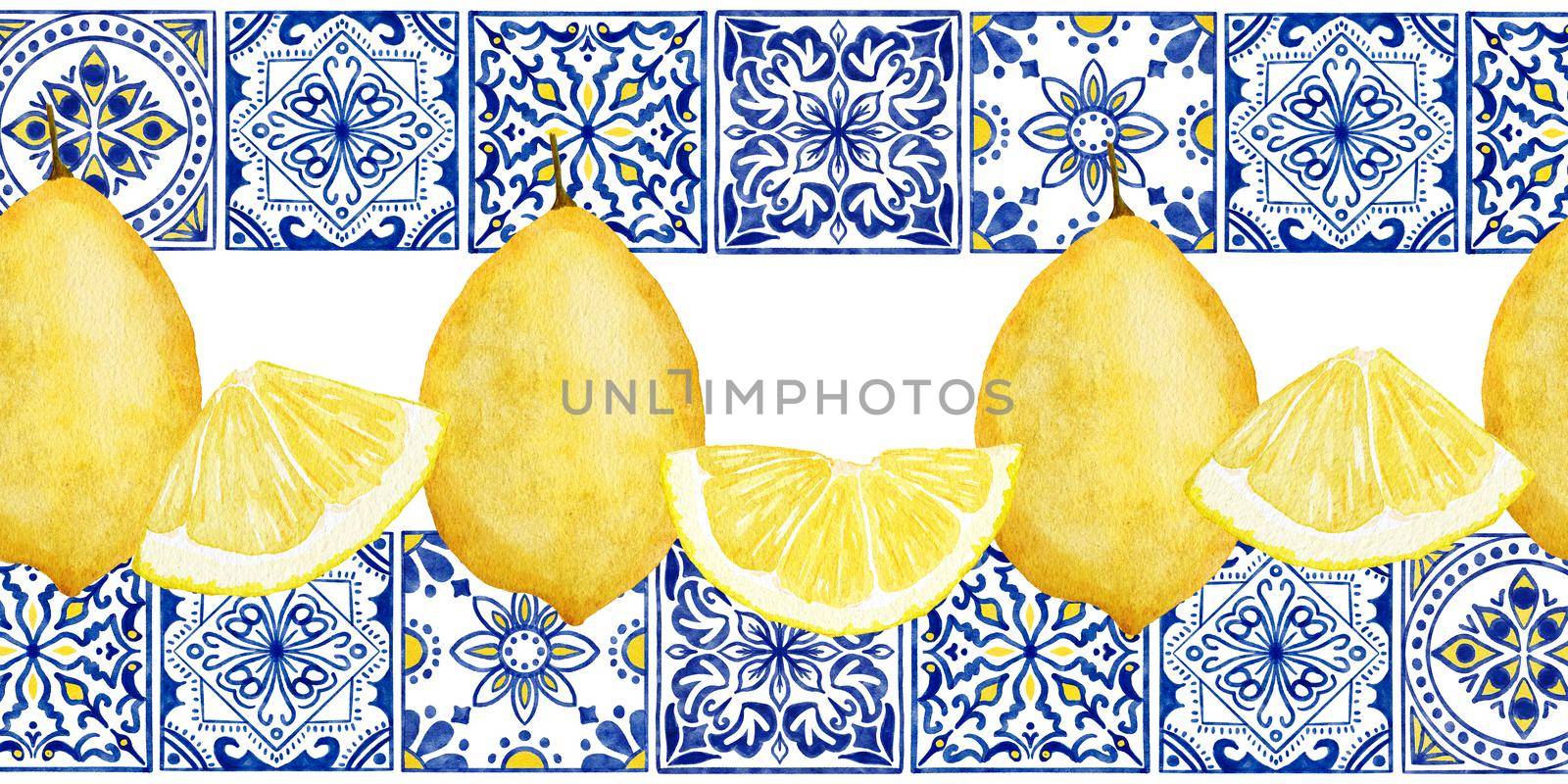 Hand drawn watercolor seamless border with yellow citrus lemons, blue white portugese azulejo tiles. Bright summer holiday vintage frame, tasty fruit healthy juicy ripe. by Lagmar