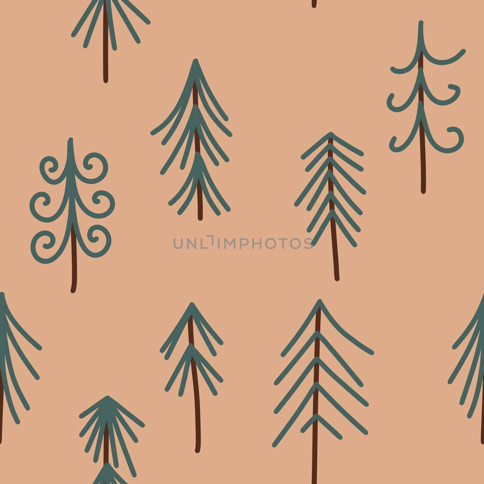 hand drawn seamless pattern with winter fir spruce christmas tree forest wood woodland. Boho bohemian beige green background in neutral pastel colors, simple minimalist childish print