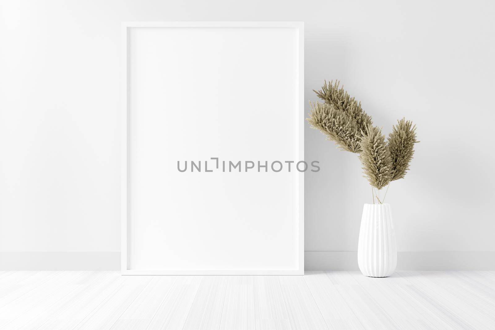 Blank empty picture frame mockup on white cement wall..Modern living room design. 3D rendering