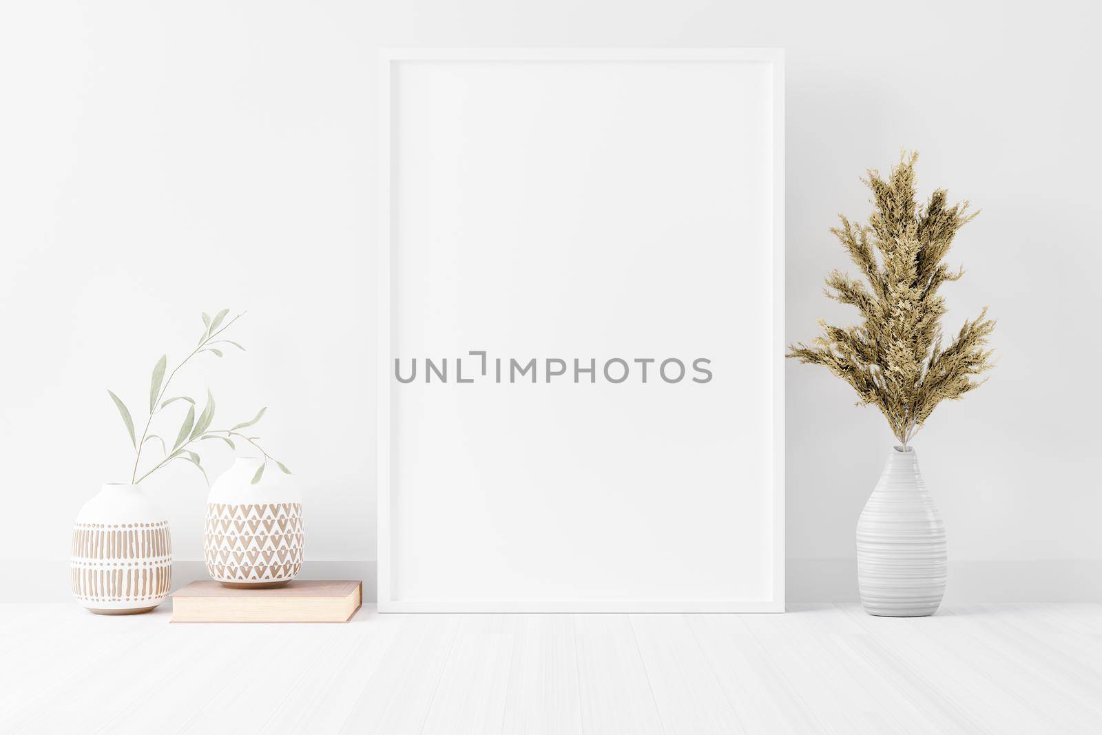 Blank empty picture frame mockup on white cement wall. 3D rendering by ijeab