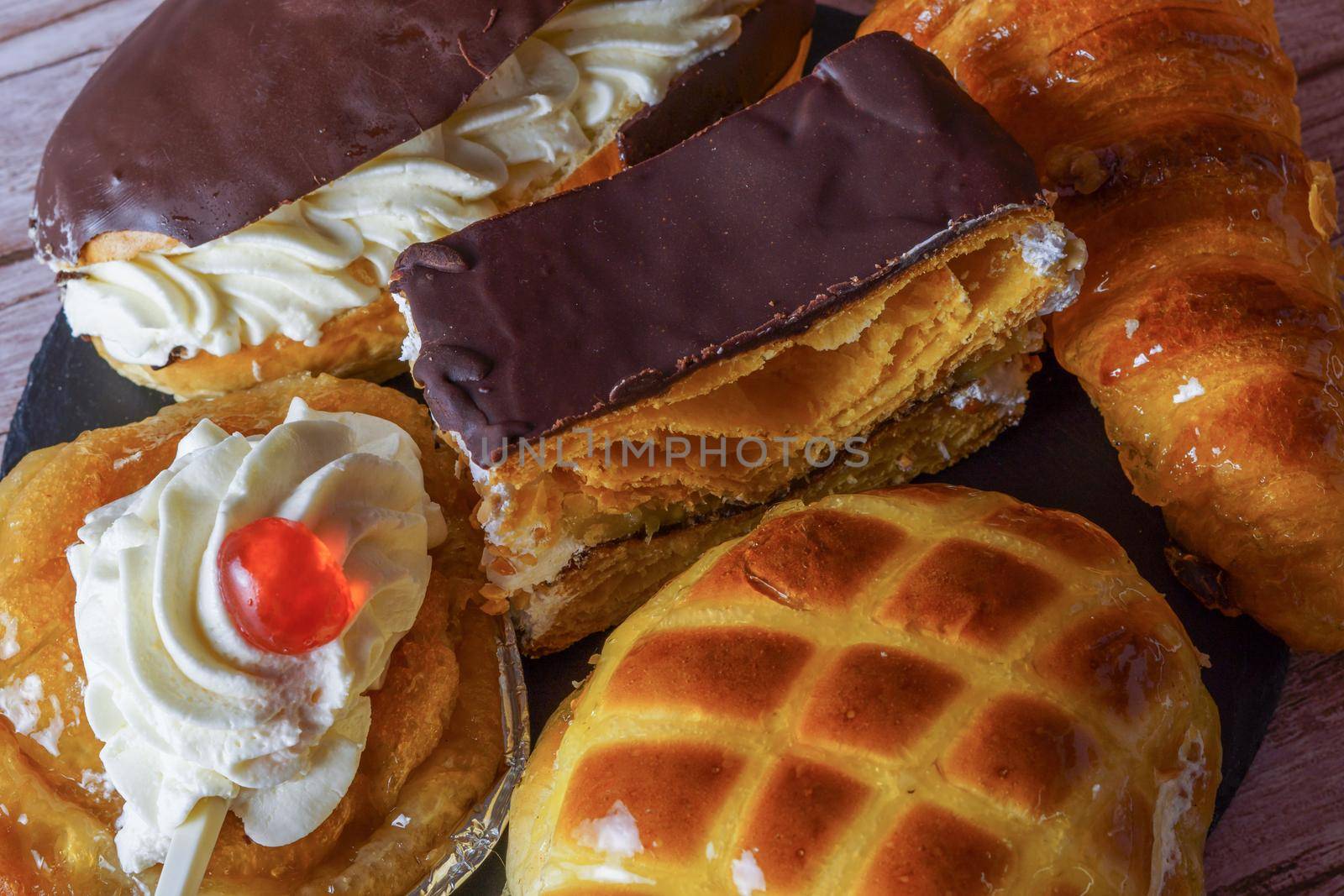 close-up of various types of cream and cream pies