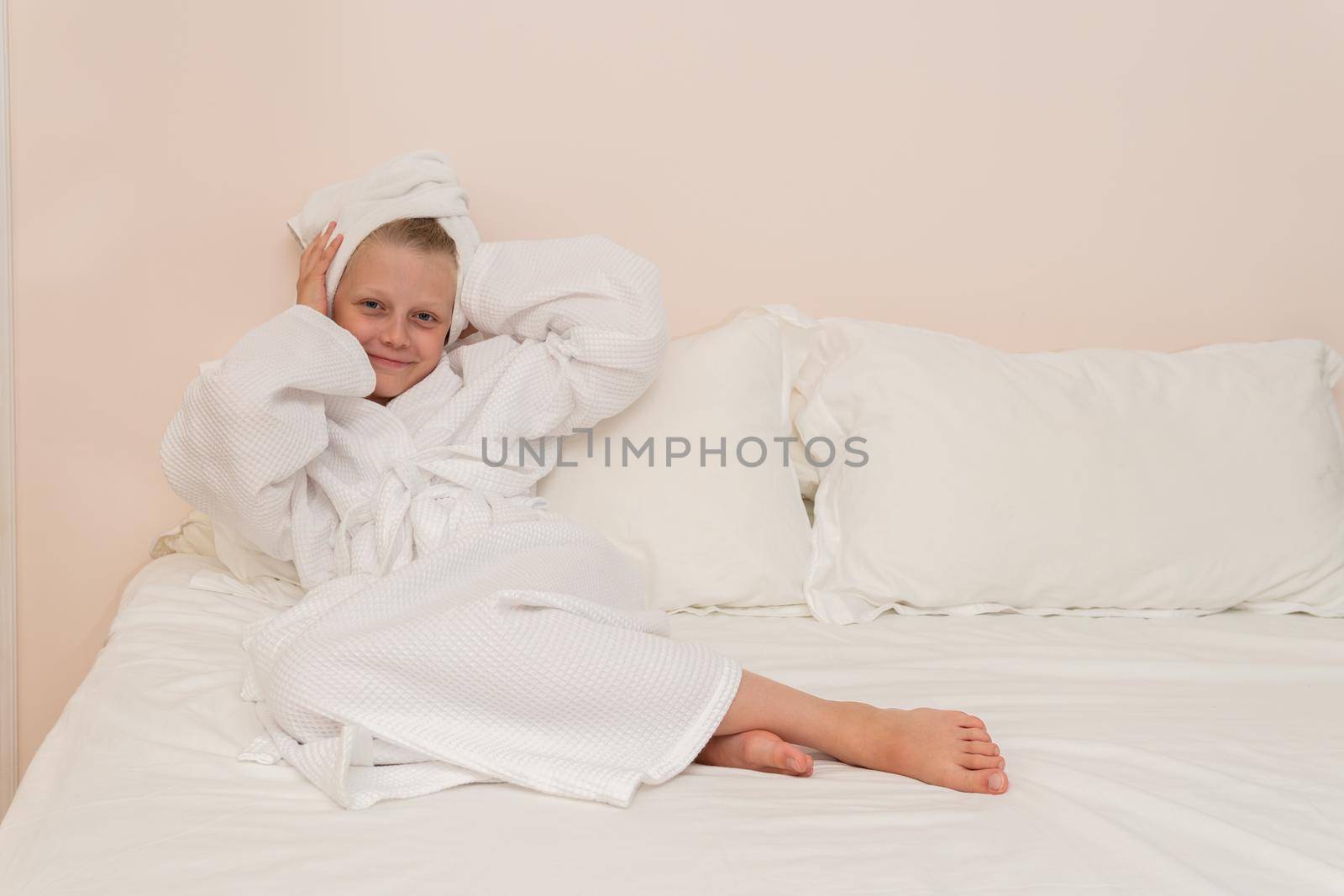 Head smile girl bathrobe bed copyspace white portrait morning bathroom, from pretty hotel for beauty and gown style, little bathing. Hair female fashion, by 89167702191
