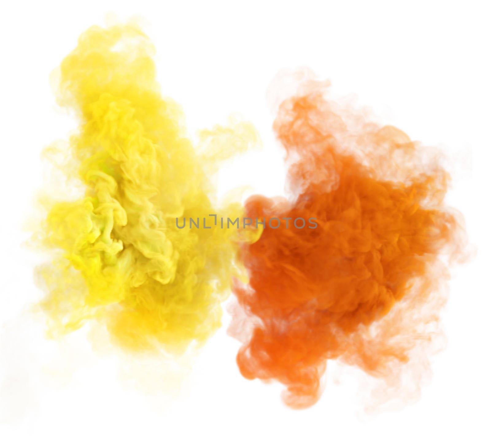 Orange and yellow puffs of toxic smoke. Mistery and dangerous fog texture. Duo colors 3D render abstract background for fan festivals and party