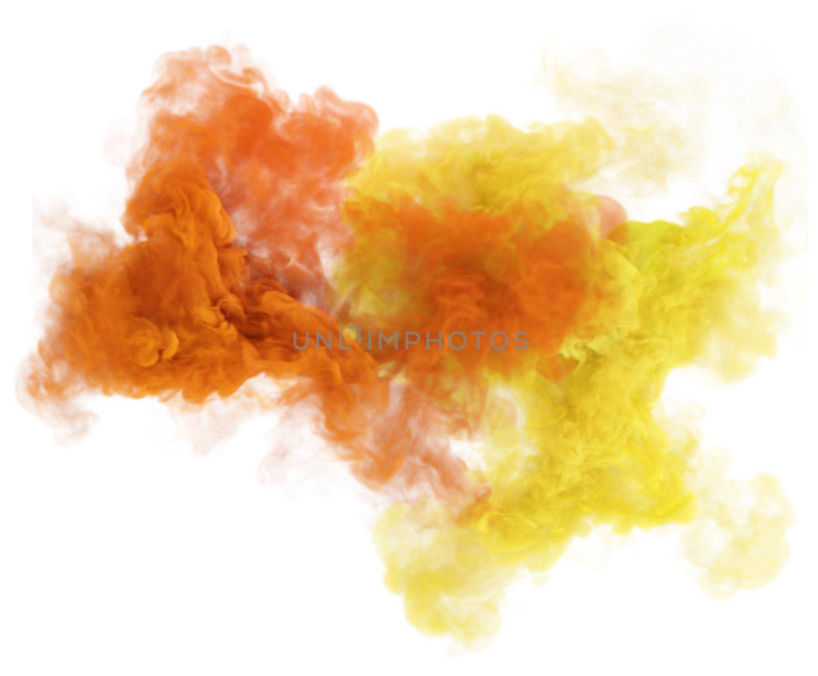 Yellow and red puffs of fantasy smoke. Madic fog texture. Duo colors 3D render abstract background for fan festivals and party