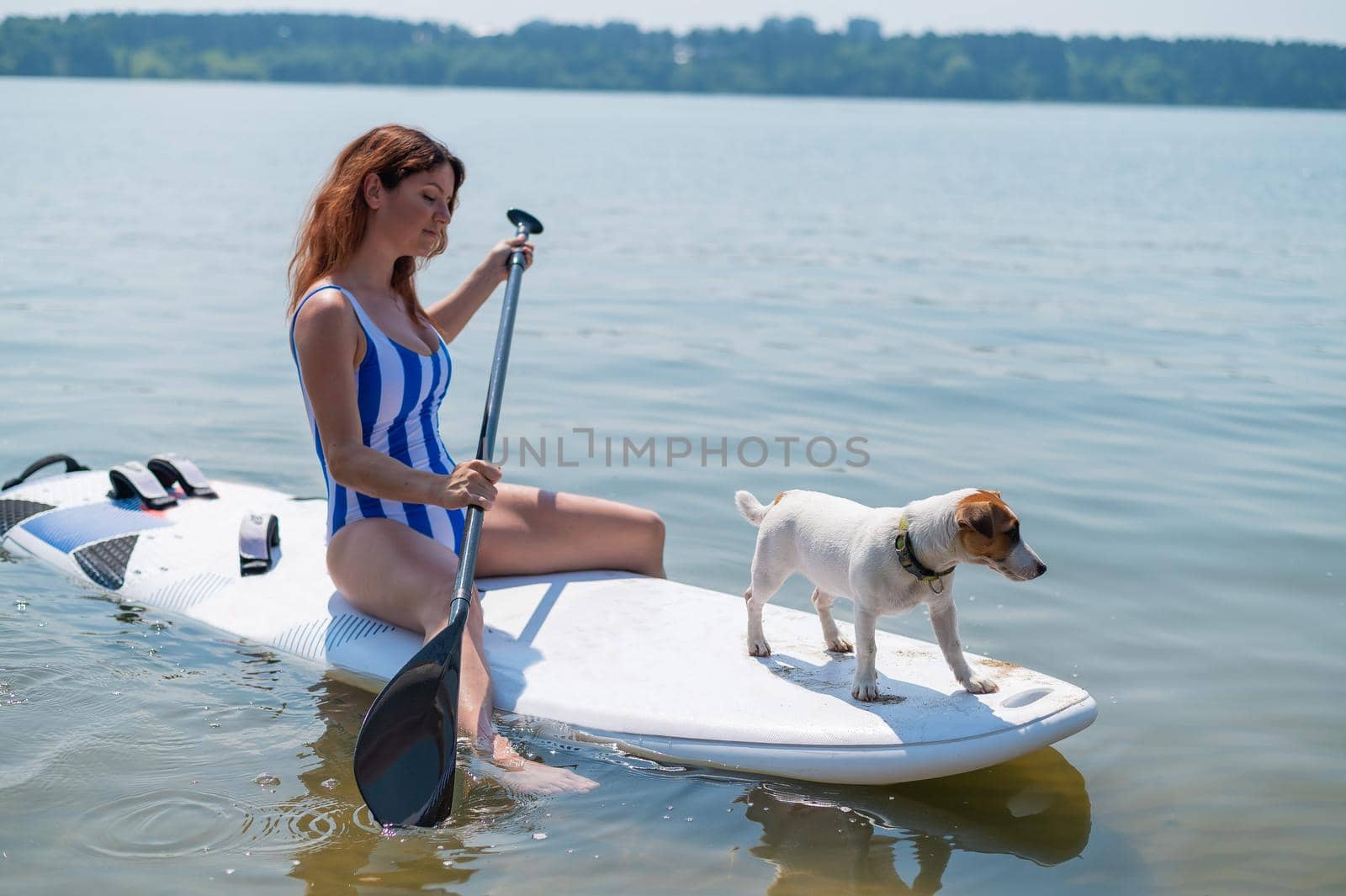 A woman is riding a surfboard with a dog.