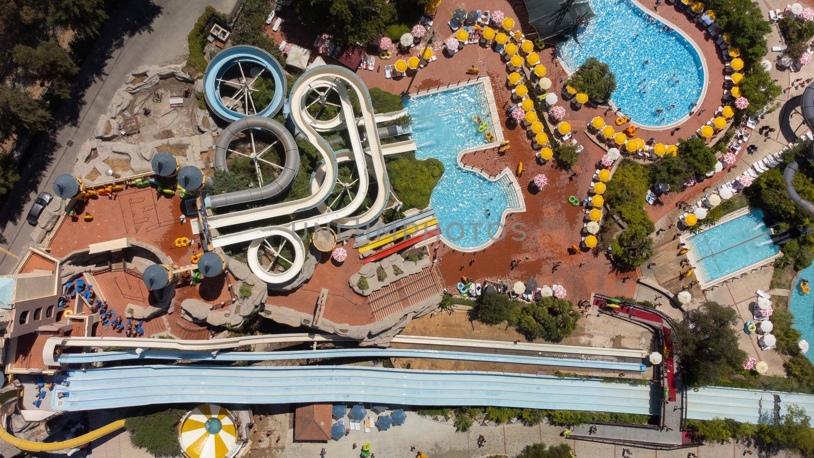 aerial image of a large Water park with various slides and pools. High quality photo