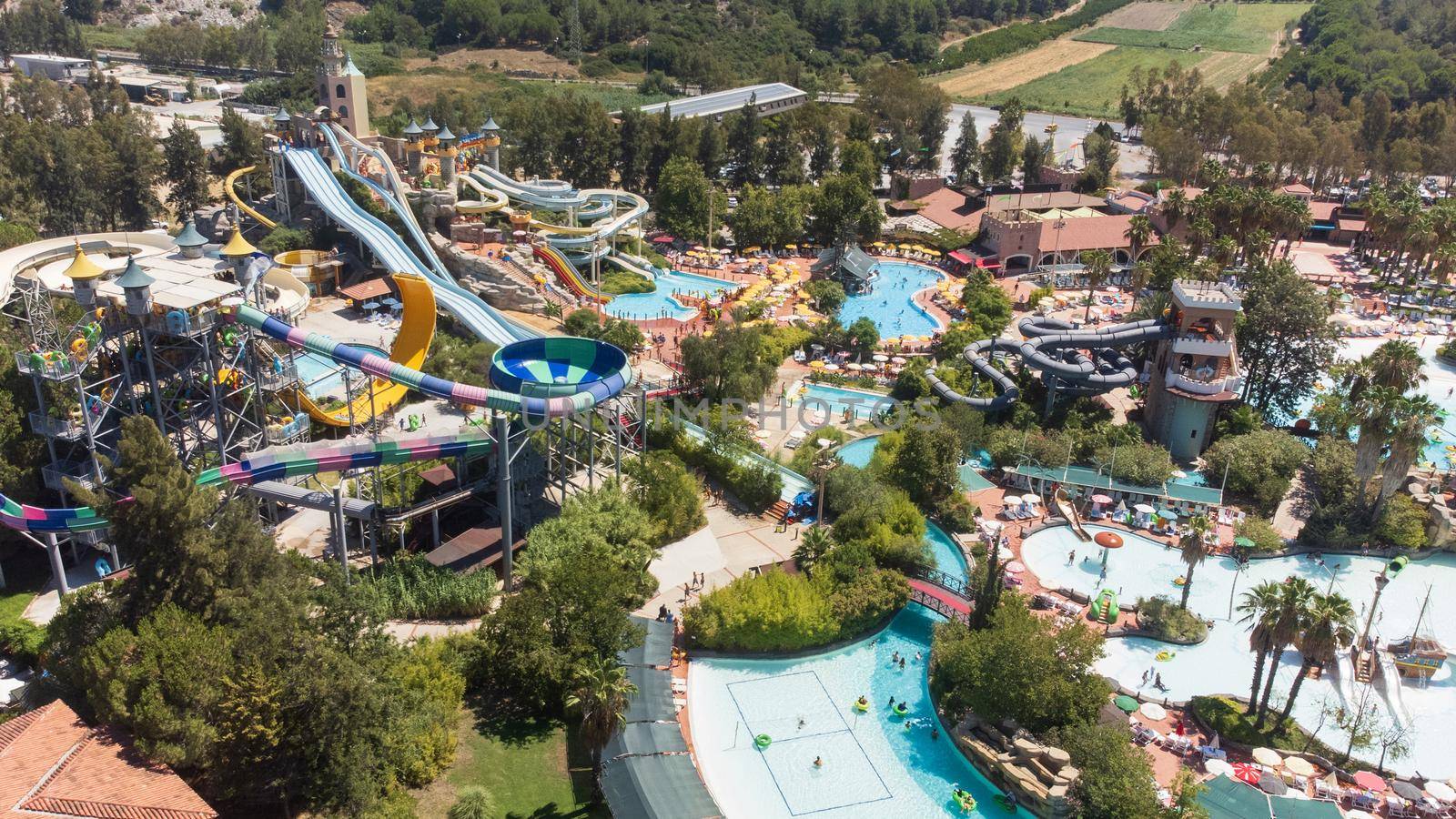 aerial image of a large Water park with various slides and pools by senkaya
