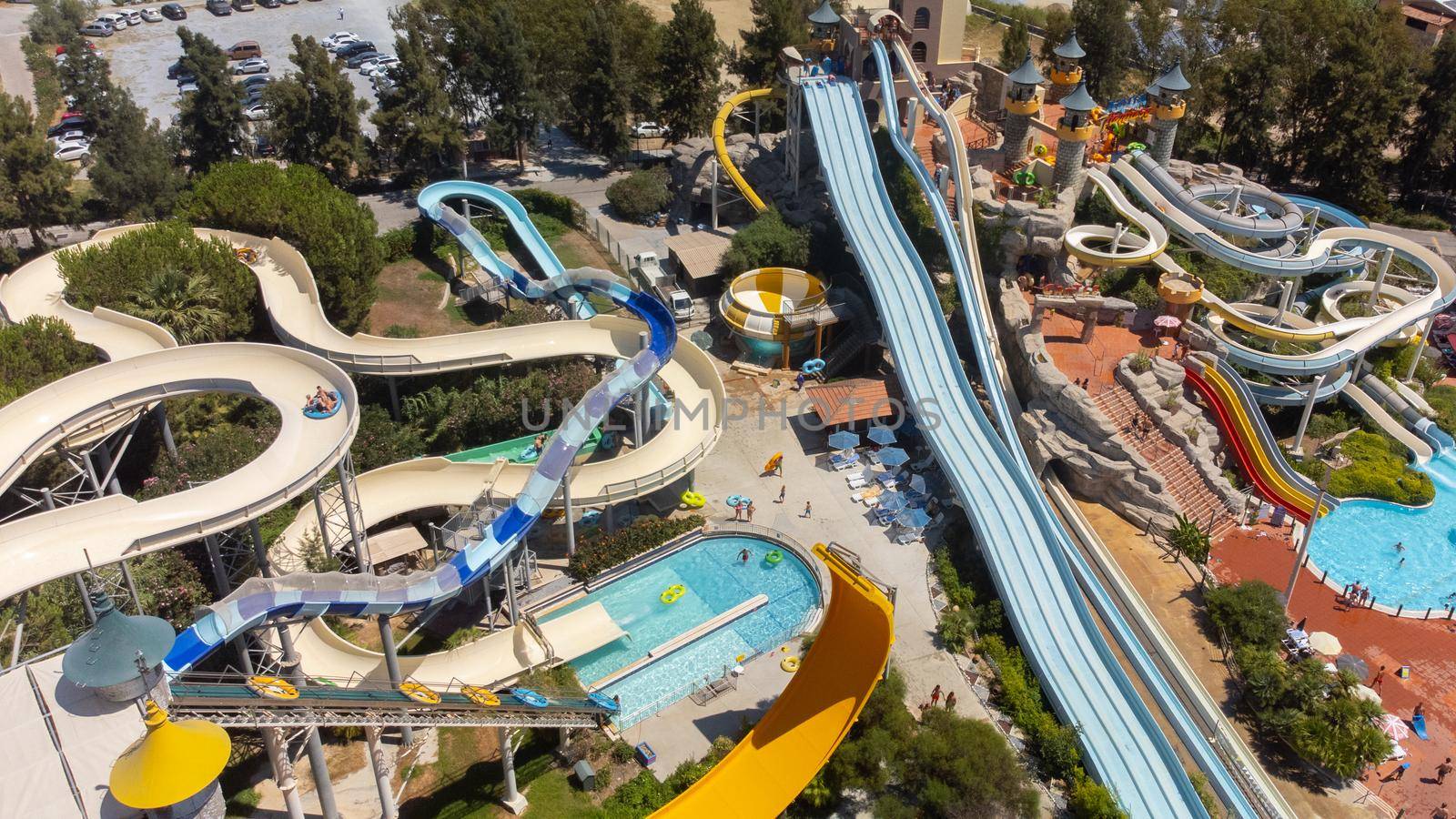 aerial image of a large Water park with various slides and pools by senkaya